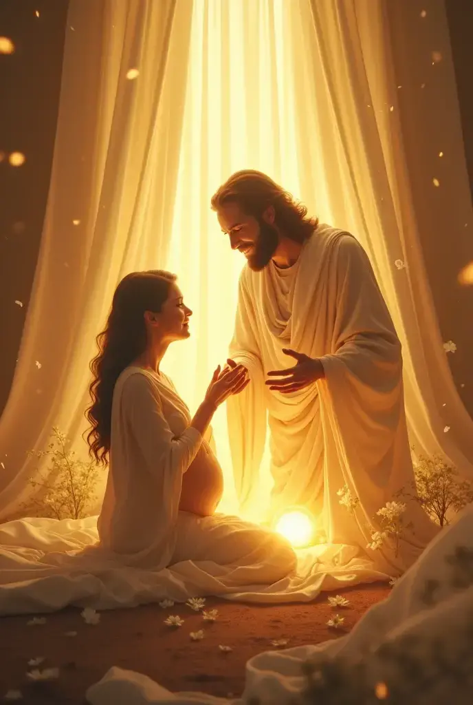 GOD LOOKING AT A PREGNANT WOMAN IN A COLORFUL GARDEN