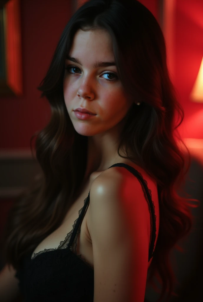 A woman young, Caucasian skin, freckles, very long brown silky hair with bangs, red lips, serious model expression, striking look, large silver hoop earrings. wearing a tight black mini dress, Sweetheart neckline, long sleeves, fallen on the shoulders, fissure, she is taking a selfie in the mirror of a modern white room in Greece with glass panes showing the city of Greece at night