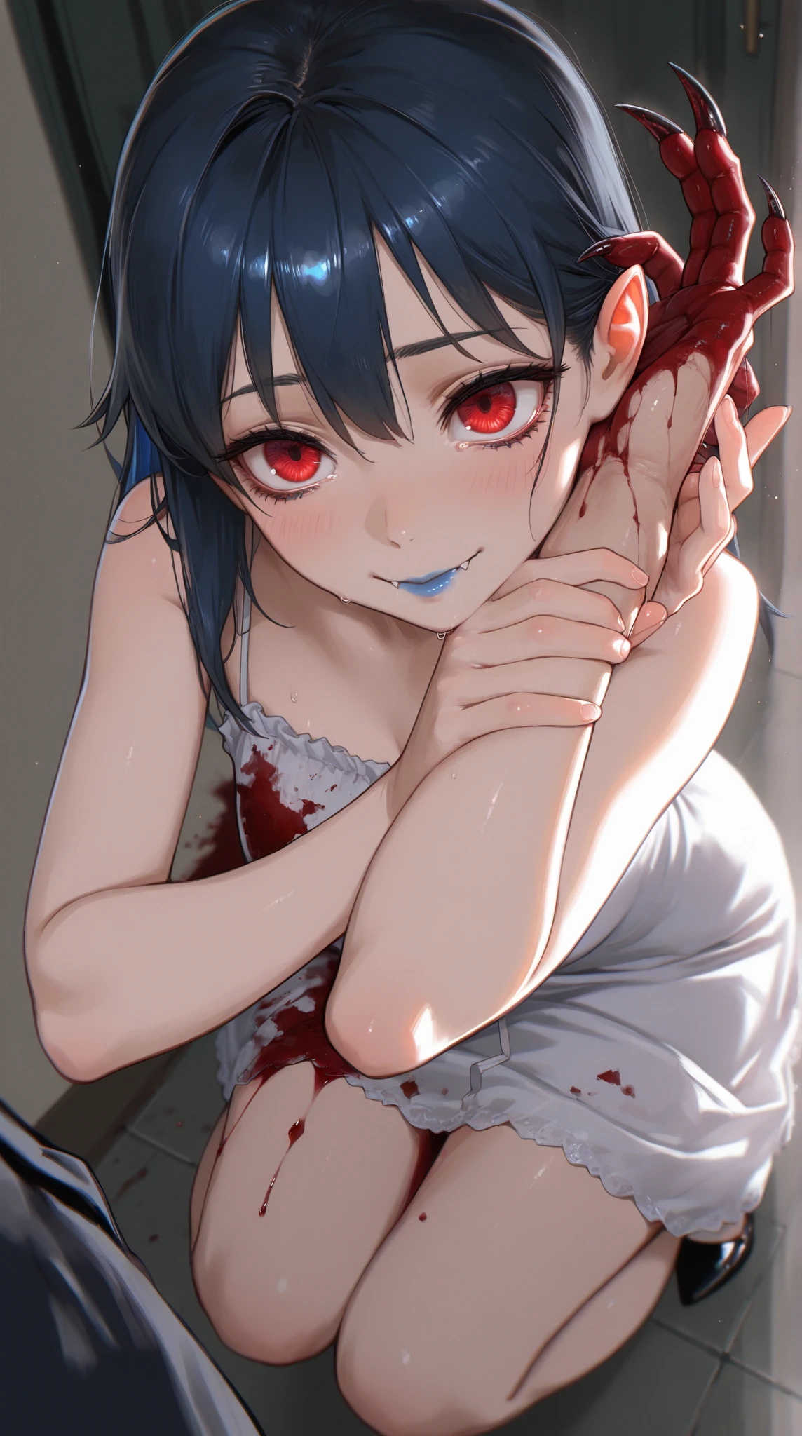 Yandere going,Blood-colored pupils without protruding pupils,covered in blood,barefoot,There is blood on the mouth,Blood splattered on the spot,a girl