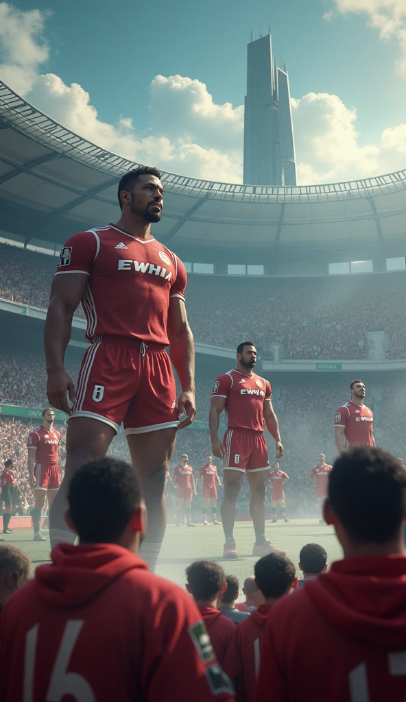 Five strong hairy Iranian football players very hairy chest hair bearded, wearing no shirt, black shorts and red socks and black cleats, giving an interview for a television program, at the field, gesturing, next to the reporter, big football stadium full of people. One of them praying kneeling in black underwear with his hands raised to the sky.