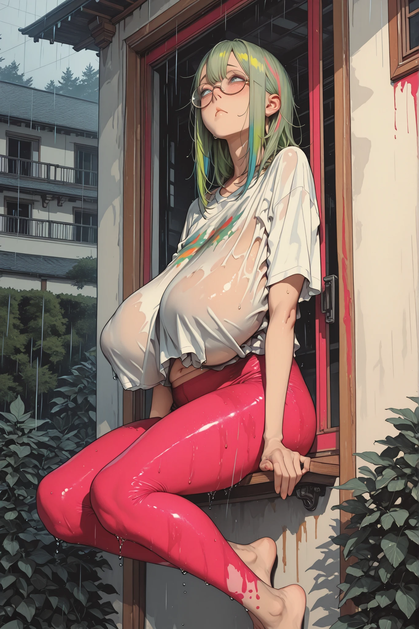 1girl, blue eyes, dark medium length hair, (cute woman), (bored, leaning side on a wall) (wet) (3/4 angle) (t shirt too small for belly), () ), (), (a ), () (ugly 18-year-old , round glasses, (colorful green, maroon and navy) pantyhose with holes, bare feet), () () (college campus background, (college gothic architecture buildings covered in ivy in background, tall oak trees, decorative hedges), , , solo, (), (), best quality, masterpiece, (score_9), (score_8_up), (score_7_up), (disgusted emotions), perfect shadows , masterpiece, best quality, 8K, detailed, (specular thunderstorm lighting), (rain and thunderstorm), (no bra) (breasts outline) , (gigantic breasts, sagging breasts) (covered breasts)
