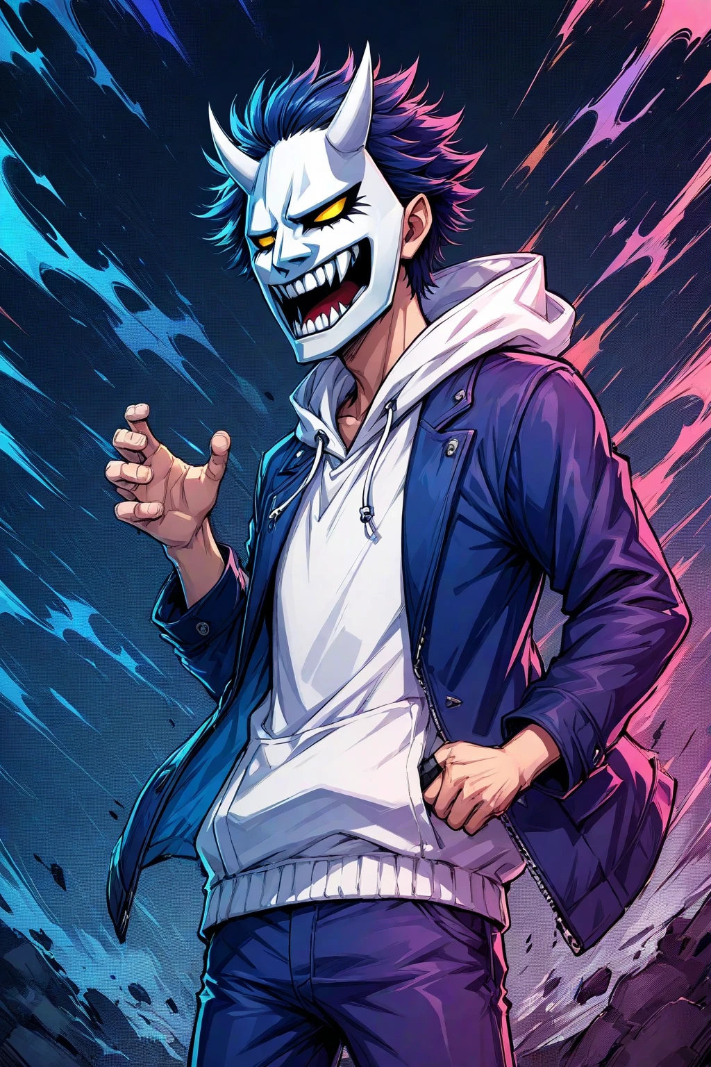 Adult guy, white clown mask, purple hood and cloak, white T-shirt, purple print on T-shirt, black jeans, magic masks flying around, Masterpiece, best quality, Full HD, 8k, ultra details, great graphic