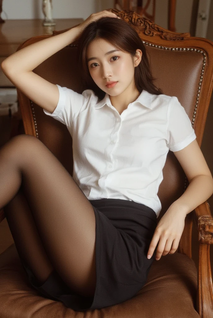 highest quality、High resolution、very detailed、masterpiece、Raw photo、realistic、photorealistic、very delicate and beautiful.、delicate details、rough skin、1 girl、alone、in a high school uniform、classroom、(body facing the camera:1.3)、(Sit on a school chair with your legs spread out to the side.:1.2)、(Show me your white panties:1.2)、dark blue jacket and plaid skirt、white shirt、tie、black loafers;her face is really beautiful.:1.5)、expensive、brown hair、(barefoot:1.1)、perfect proportions、(Do not expose your upper body)、(in sfw)