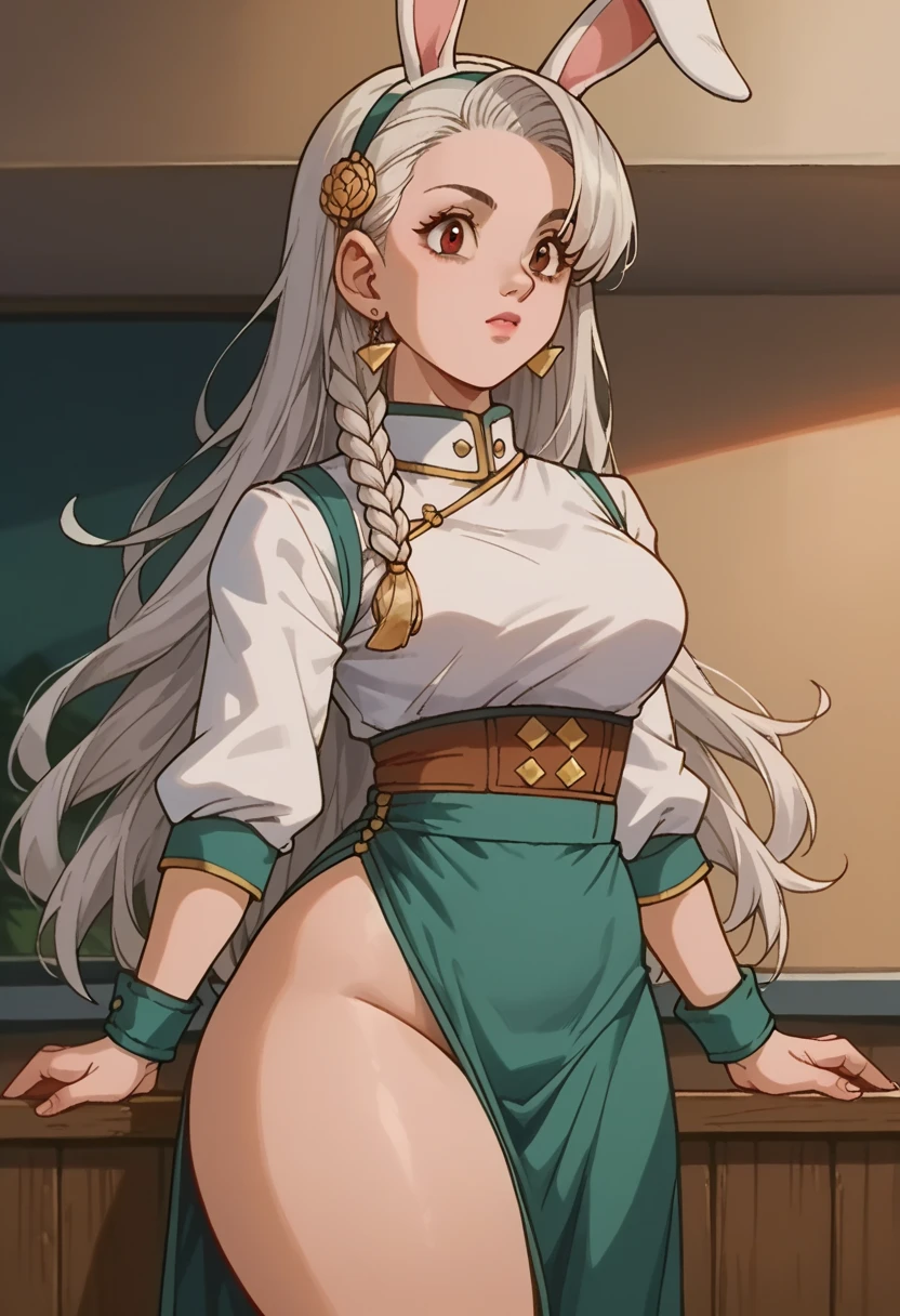 score_9, score_8_up, score_7_up, by bosshi, anime screencap BREAK source_anime, rating:explicit, 1girl , bare hips , breasts , clenched hand, closed mouth , dress , elf , green eyes , hair ornament , highleg , highleg dress , long braid , long hair , long sleeves , looking at viewer, multi-tied hair, navel , plunging neckline, pointy ears , scar , scar on face , simple background , solo , thighs , white background, white hair , wide hips , bulge, futanari , testicles, huge penis ,