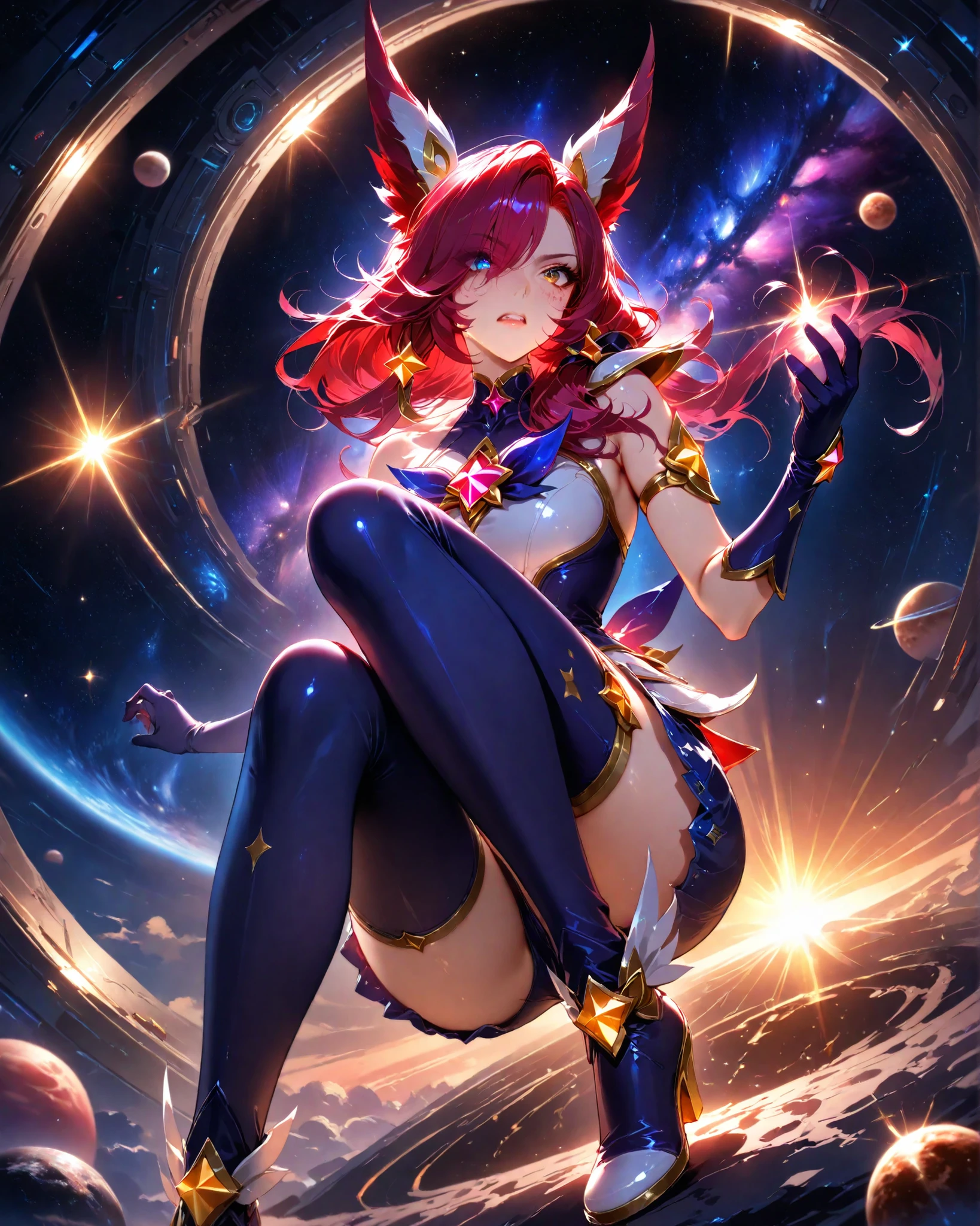 Masterpiece, ultra detailed, 4k resolution, cinematic lighting, dynamic angle, perfect anatomy, natural proportions, expressive faces, realistic shading, smooth ambient occlusion, Xayah from the game League of Legends wearing her star guardian skin, almost falling to the ground, struggling not to be completely consumed by darkness, fighting expression, one eye half closed, her beautiful colored skin going completely dark from bottom to top with a dark galaxy background, in a scenario with galaxies and planets in the background, in a futuristic structure like a base on an asteroid, vivid colors, bright color tracing, perfect lighting