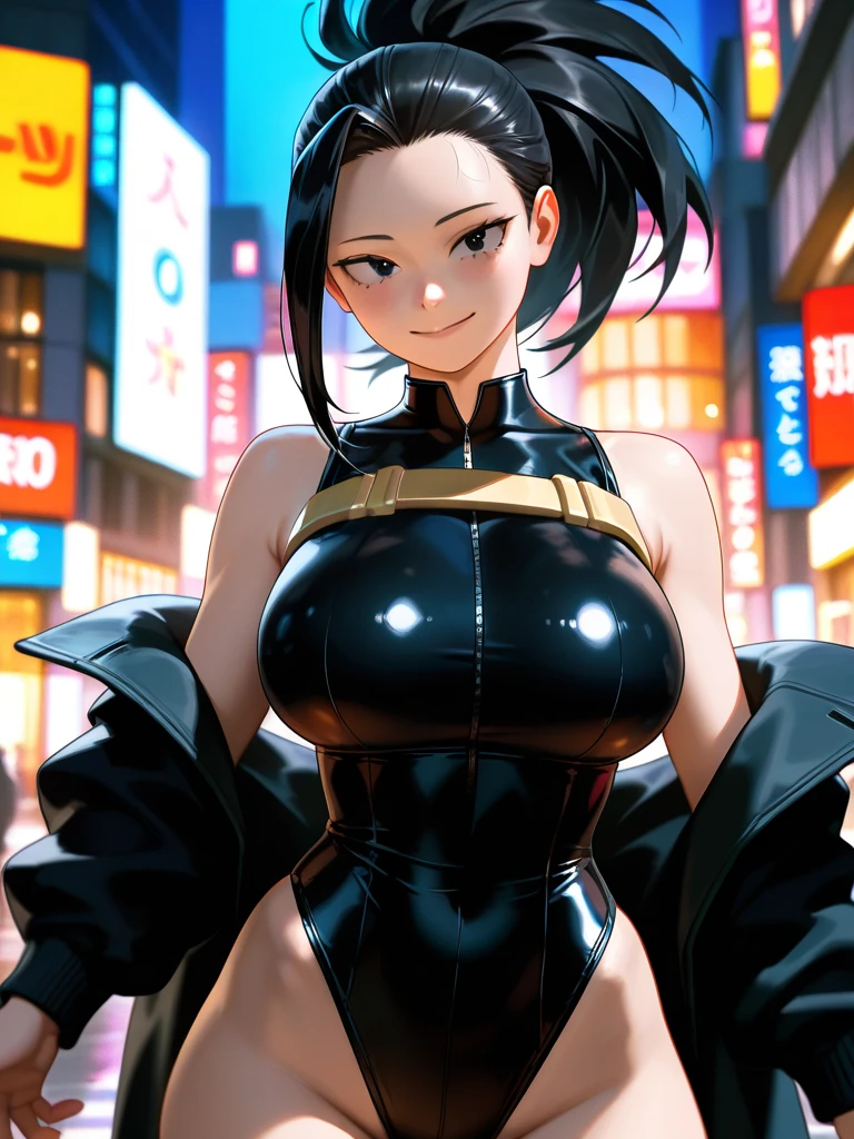 ((Realistic lighting, Best quality, 8K, Masterpiece: 1.3)), Focus: 1.2, 1girl, Perfect Body Beauty: 1.4, Slim Abs: 1.1, (Outdoor, Night: 1.1), City Street, beautiful Face, beautiful Eyes, Double Eyelids, Annerose, 1girl, female mature, black hair, long hair, yellow eyes, large breasts, bodysuit, higheels, shiny clothes, skin tight, hair intakes, covered breasts, sideboob, cleavage, (solo:1.4), intricate detail, (((hyperdetailed face, hyperdetailed eyes, hyperdetailed lips)))
