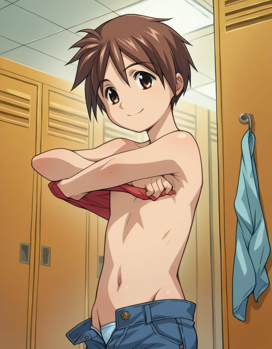 keiichi_maebara,brown hair,blue eyes.hair between eyes, penis、phimosis 、Short penis、phimosis、fullnude、red blush、Opening legs、Squatting、penises、 short penis、small penis、(On a long suspension bridge、)High suspension bridge