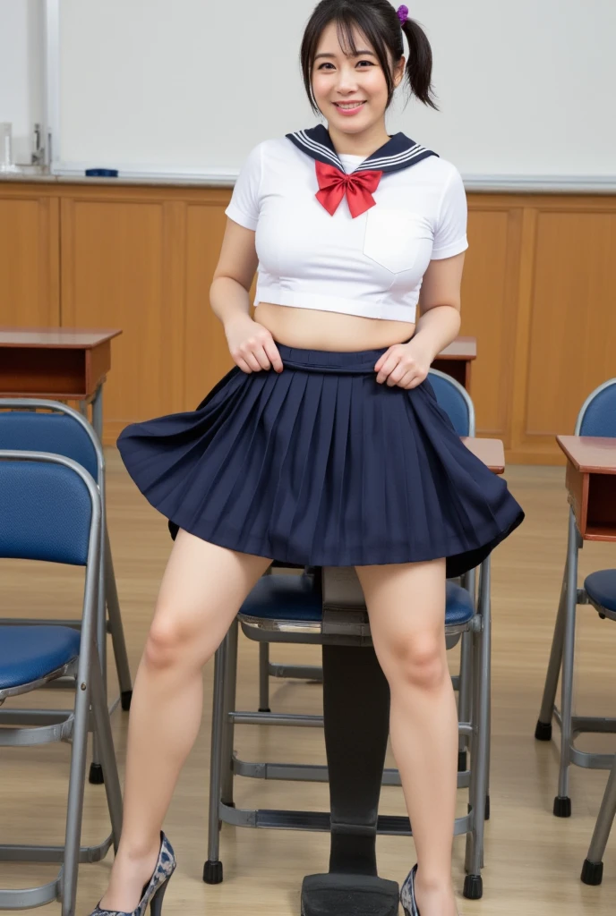Japanese women, (smile:1.05),Browsing Caution、8K,Highest quality, masterpiece, Very detailed, 超High resolution, Realistic, RAW Photos, , Absolute Resolution, Complete limbs、Complete Anatomy、Perfect beautiful skin、cute女の子1人,cute女の子 、(smile:1.2)、Lolita Girl、(school uniform:1.3)、(Sleeveless shirt:1.1)、 ((If you raise your right hand above your head, you can see your armpit.))、((((左手でPleated skirtを掴んで捲るとWhite lace pantiesが確認できる))))、Accentuate your thighs、cute女の子、 Japanese Girls、(bedroom:1.2)、Mix 4, (16K, Raw photo, Full body portrait、Best image quality, masterpiece: 1.45), (Realisticな, Photorealistic: 1.37 Two Girls, cute, Professional Lighting, Photon Mapping, bedroom, Physically Based Rendering, Dark brown long bob hair,Beautiful, well-groomed eyes、double eyelid、With a girl, (((Sleeveless shirts worn by Japanese high school girls、Pleated skirt、Dark blue short socks))), Highest qualityの写真, High resolution, 1080P, (Clear Face), (Detailed face description), (Detailed hand description), (masterpiece), masterpiece、Rich details、(Beautiful Faces)、(Highest qualityの写真)、(Detailed eyes)、 in front of you、Thin clavicle、((Slim and large))、(((日本はSleeveless shirtを着る)))、((Pure Idol))、((明るいbedroom))、(Shot from random perspectives)、(((White lace panties))),smile、Drawing the whole body from the knees、No nasolabial folds、(((Large firm breasts:1.2)))、Firm big ass、Two arms and two legs、(((from the front:0.4)))、bare hands、Symmetrical eyes、