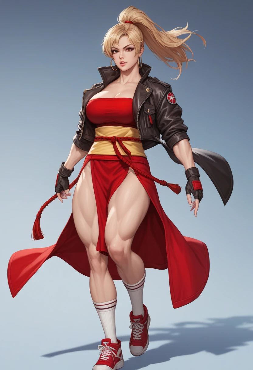 ((Plain background 1:2)) (Cammy White Street Fighter white silver short bob haircut) Female full body standing straight symmetrical looking to the viewer view from below, RED full body armored big breast knockers cleavage, leather collar choker, happy smile red cheeks, red gauntlets, red gloves, red military boots