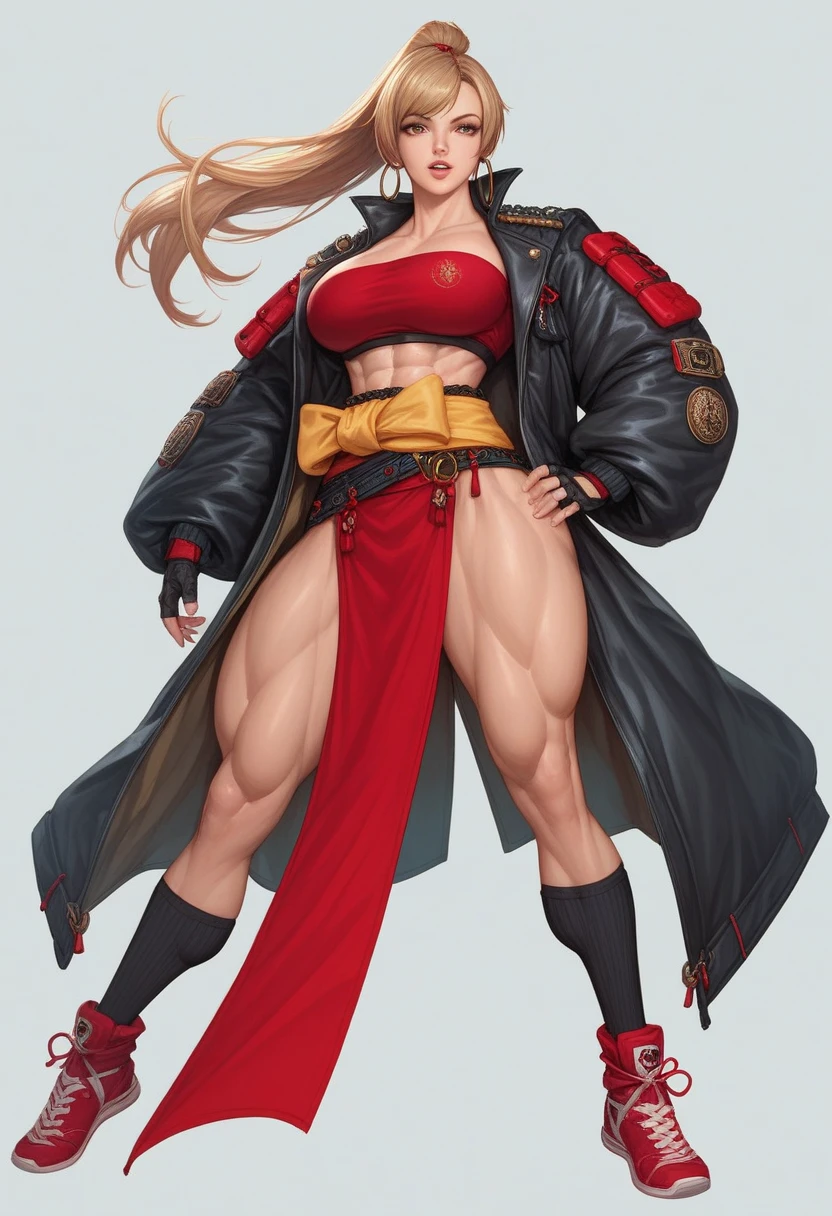 ((Masterpiece, plain background:1.2)) (Cammy White Street Fighter 6) Female full body standing straight symmetrical looking to the viewer RED full body armored (handcuffs, shackles, rerebrace, faulds, poleyn, gauntlets, leather collar choker) big belt under belly button, navel, belt over belly button, ((hands on hips)), loincloth, pinched eyes (big-:1.5) thin legs, thin body, view from below open legs showing crotch