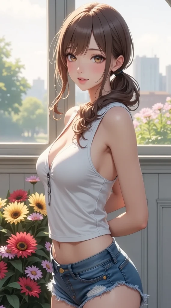 light-brown hair, small breasts, slim waist, thick thighs, shapely butt, slim body, ponytail, tight blouse, long skirt, cleavage, necklace, seductive posture, breast squeeze, downblouse, leaning forward, park, path, trees, flowers, distant city in the background, looking at viewer