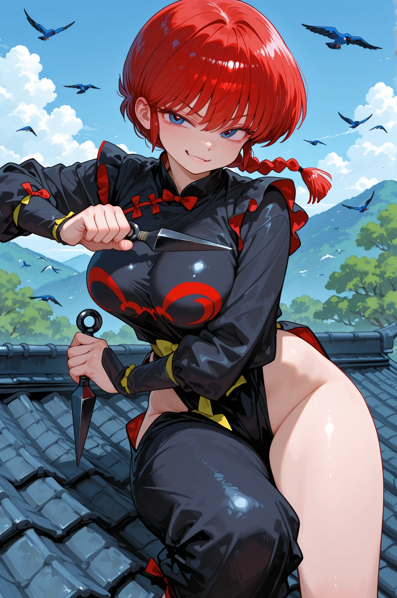 Japanese demon girl with tiny panties and ripped top, crazy face, sarcastic smile, punk hair, mohawk hair, colored hair, slim and well-defined body, Waist slender, nude belly, coxas nuas, dirty laundry, world after apocalypse, wasteland, sexly, pose de atitude, Create a cool character for a gacha game based on the game Zenless Zone Zero, female character in devil clothes in warm colors, S-level fire elemental character, devil horns and tail, beautiful and cute face, nymph body, lolly, haughty, devilish smile, wielding a serrated sword, pose de atitude, aggressive movements, Shark teeth
