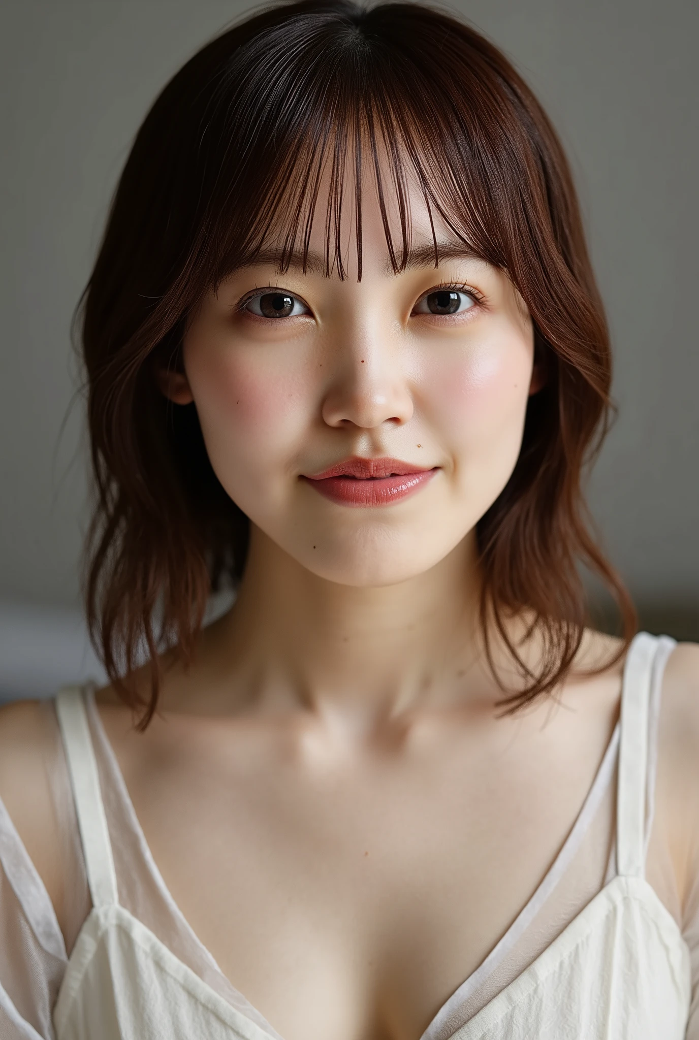 "Breathtakingly beautiful、A woman with perfect porcelain-like skin, She's wearing 、Deep and captivating eyes, and richly flowing hair. she has a perfectly symmetrical face, High cheekbones, And big lips. Her expression is graceful and mysterious, soft, kind smile. She's sexy , The naked、full nude、Naked, pale light shining on her face, creates a dreamy vibe . Surrealistic, ultra high resolution, and amazingly vivid、in the bedroom,fullbody