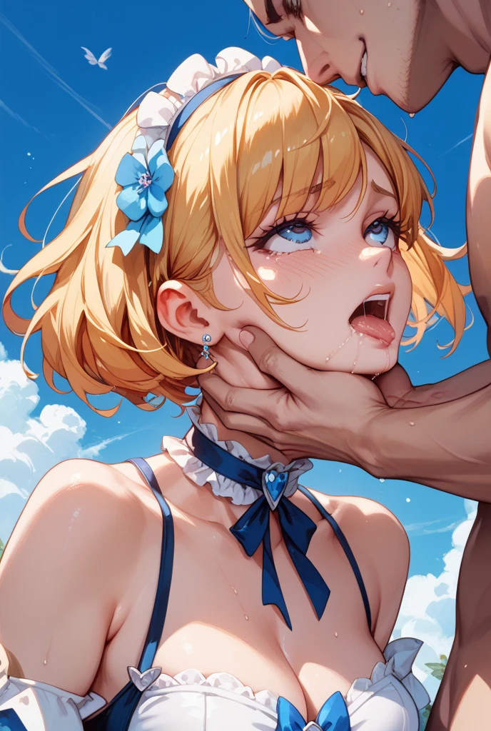 score_9, score_8_up, score_7_up, source_anime, best quality, masterpiece, official art, absurdres, highres, ultra-detailed,waifu2x,break,1girl, io \(granblue fantasy\), (dark-skinned female), blonde hair, swept bangs, blue eyes,gradient hair, hair ornament, long hair, flat chest, twintails, sweat, (nipple:0.6), sweat, saliva, (yawn:0.5),blush,penis, twitching penis, oral sex, rape, felatio, hand on girl's head, cum, motion lines,projectile cum, facial, bukkake, hot breath, sound effects, outdoors, alley, ,break,(clear line illustration:1.2), super detailed skin,very high resolution, very aesthetic, Best sexual lighting powered by famous artist, 8k,cute picture,beauty illustration,photoshop_(medium),,(Detailed Lighting),uncensored,