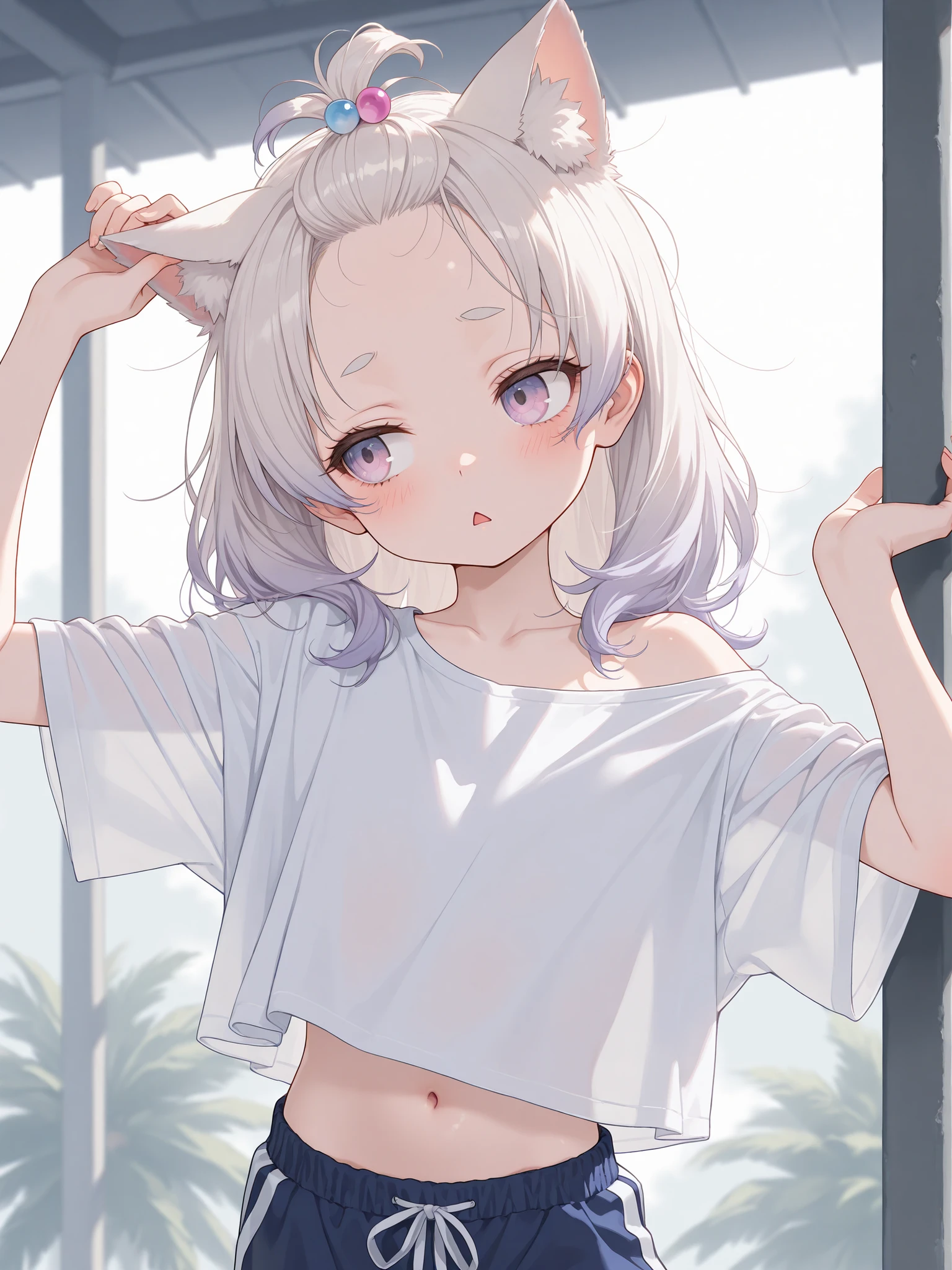 ((Masterpiece)), ((best quality, amazing quality)), ((very aesthetic, absurdres, newest)), (8K), ((wide shot)), ((1girl)), (cute young girl), (Healthy body, Textured skin, small chest, tilt head), ((platinum-gold hair)), (loose cropped shirt, shirt overhang, pure white shirt, thin fabric shirt), bare left shoulder, (gym shorts, Navy blue shorts), (messy medium hair), (bangs pinned back, cute forehead), long side bangs, gradient hair, violet color Hair Tip, beautiful collarbones, heart ornament hair bobbles, BREAK ((sad face, blush, triangle mouth)), Thin and short eyebrows, troubled eyebrows, (cute cheeks), glossy lips, pouty lips, (lower eyelashes), (put on cat ears), ((pale purple eyes, gradient eyes, averting eyes, looking at side)), ((stretch out both arms and hands, stretch arms up, slightly exposed cute navel), outdoor, contrapposto on the Gentle hill, Blooming Hibiscus, blossaming Hibiscus, intense sunlight, Tropical Roads,