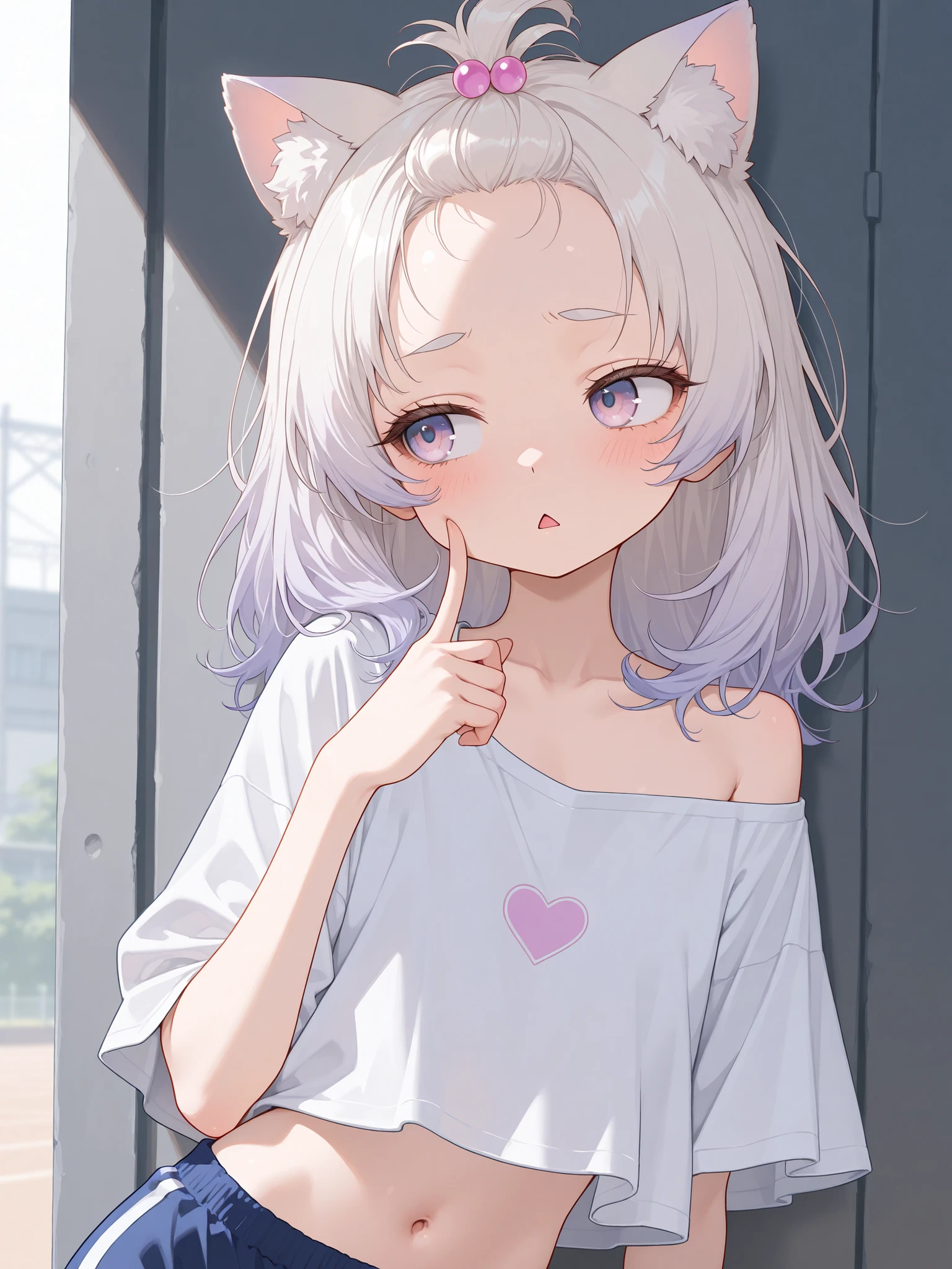 ((Masterpiece)), ((best quality, amazing quality)), ((very aesthetic, absurdres, newest)), (8K), ((wide shot)), ((1girl)), (cute young girl), (Healthy body, Textured skin, small chest, tilt head), ((platinum-gold hair)), (loose cropped shirt, shirt overhang, pure white shirt, thin fabric shirt), bare left shoulder, (gym shorts, Navy blue shorts), (messy medium hair), (bangs pinned back, cute forehead), long side bangs, gradient hair, violet color Hair Tip, beautiful collarbones, heart ornament hair bobbles, BREAK ((sad face, blush, triangle mouth)), Thin and short eyebrows, troubled eyebrows, (cute cheeks), glossy lips, pouty lips, (lower eyelashes), (put on cat ears), ((pale purple eyes, gradient eyes, averting eyes, looking at side)), touching finger on cheeks, (slightly exposed cute navel), outdoor, contrapposto on the Gentle hill, Blooming Hibiscus, blossaming Hibiscus, intense sunlight, Tropical Roads,