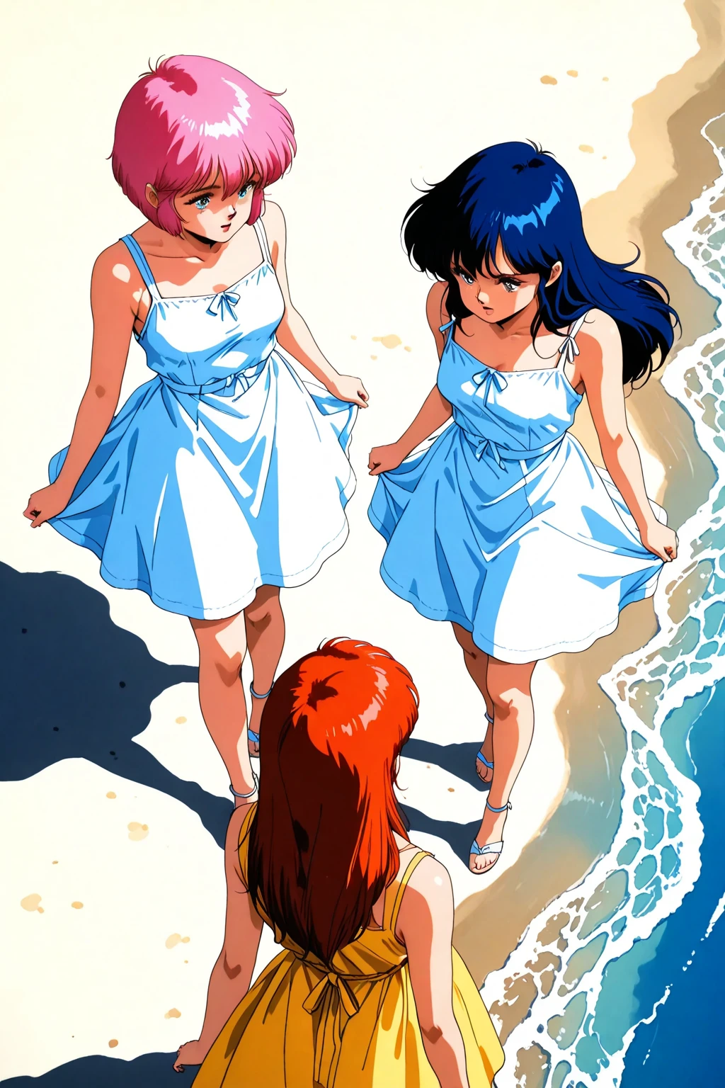 [Vintage Men&#39;s and Women&#39;s], Ancient Anime, 1980s \(style\), 1990s \(style\), watercolor \(middle\), , ((Highest quality)), ((masterpiece)), [Detailed], [Anime and manga images], [Captivating big boobs], Happy couple running on the beach