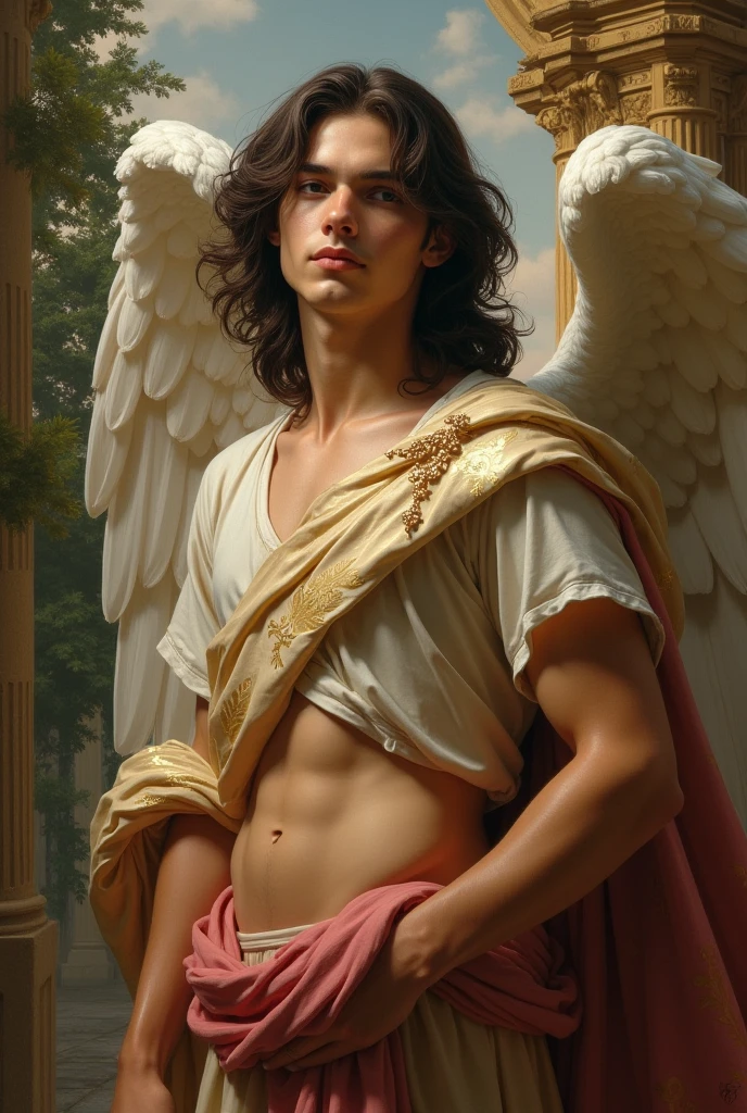 full body, oil painting, fresco style, Highest accuracy,Muscular man with large white wings,Stand on the side,Shirtless,There are white streamers on the body,Lower body erection,Lower body details,Thick pubic hair,Handsome face,Short white hair,There is a faint aura on the top of the head,The background is a mythical city, Landscape,Angel ((Red briefs, big bulge))), chiaroscuro mood, incredible detail, highly detailed, ultra-deta, style of Titian and Daniel Gerhartz