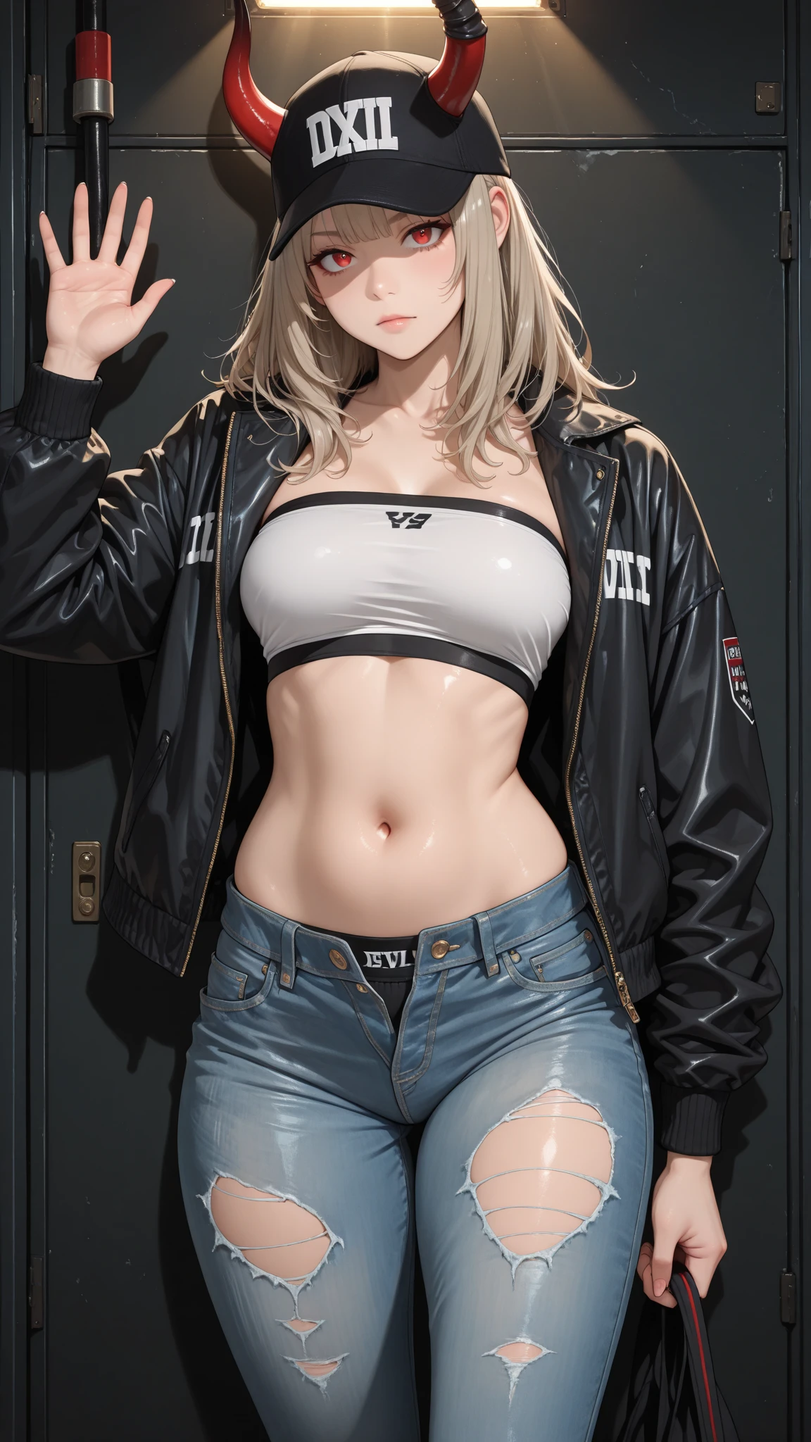 photorealistic, high resolution, 1 girl, white hair, ponytail, korean, heterochromia eyes, small birthmark under the eye, crop hoodie, tight denim shorts, big chest, big thighs, panties visible