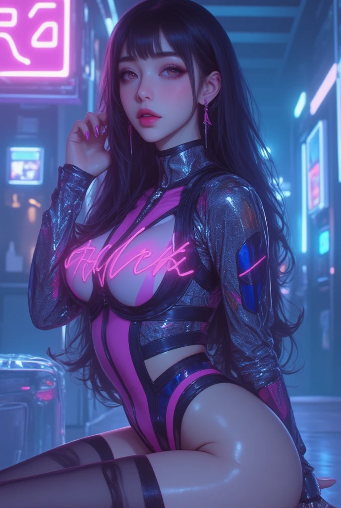 (best quality,4k,8k,highres,masterpiece:1.2), ultra-detailed, (realistic,photorealistic,photo-realistic:1.37), digital art, vibrant colors, neon lights, cyberpunk, futuristic, mixed media, short hairstyle, confident expression, dramatic lighting, cityscape, glowing tattoos, piercing, rebellious attitude, stylish accessories, edgy fashion, street art, urban atmosphere, dynamic pose, intense gaze, energetic background, electro music, holographic elements, dark tones, urban decay, rain-soaked streets, reflective surfaces, cool sunglasses