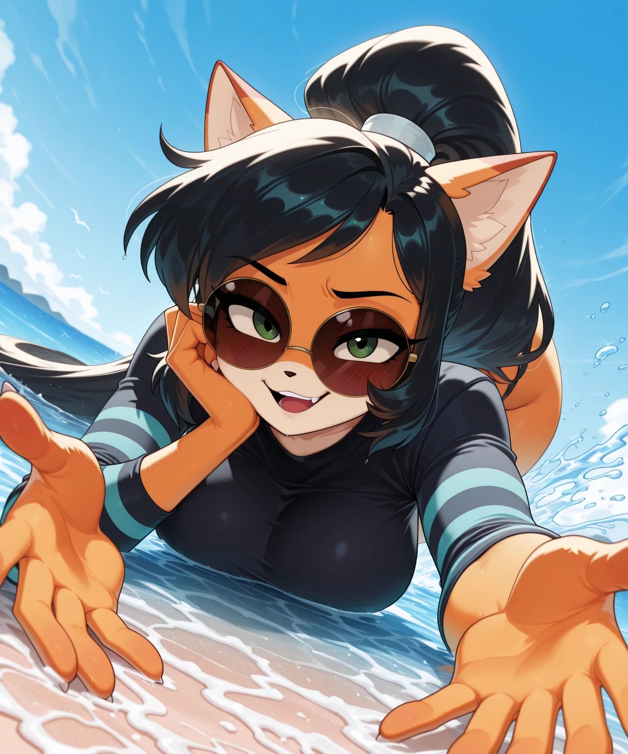 A cartoon image of a woman in a bikini and cat ears, a full leather painting, a digital painting by Ric Nagualero, art station, furry art, pov furry art, Realistic Bikini, beautiful anime cat girl, beautiful cat girl swimming, furry art!!!, very beautiful cute catgirl, Extremely detailed artistic germ, very very beautiful furry art, furry fantasy art, sexy cat girl, hairy body