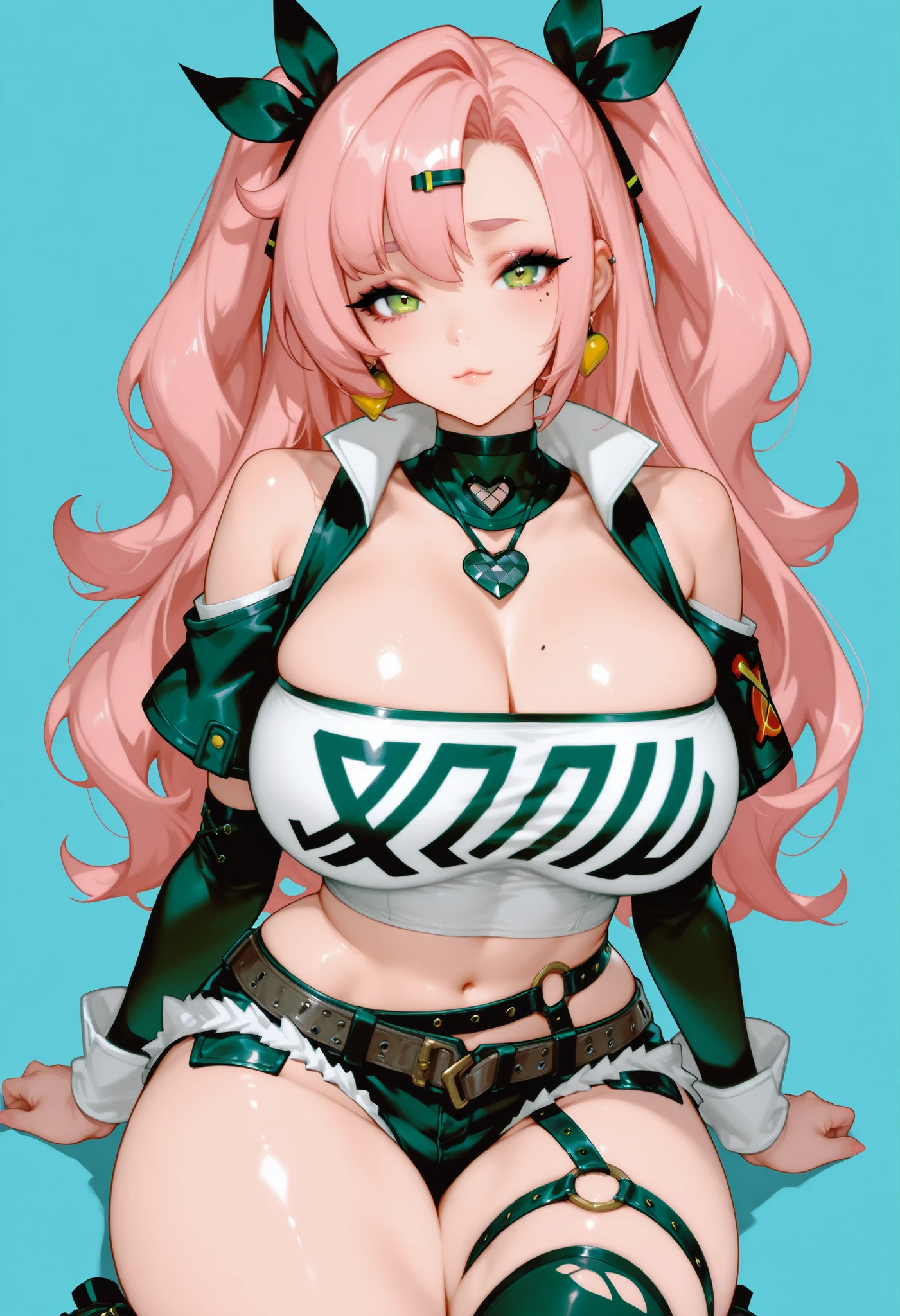 beautiful, (best quality, masterpiece, super detailed: 1.5), perfect lighting, shiny, hires, nature, cobblestone, steam, blue sky, in the distance, whole body, face focus, 1girl, Mitsuri (demon slayer), beautiful girl, beautiful face ((Mitsuri (demon slayer))), a girl with long green-pink gradient hair and green eyes in a long-sleeved jacket with a neckline, white haori, a black skirt with a silver belt and green striped hips, pink hair, green hair, gradient hair, multicolored hair, long hair, bangs, double braids, green eyes, demon slayer uniform, long sleeve jacket, white haori, black skirt, silver belt, green striped thighs, blush, sweat, realistic, chest, wide hips, (thick barbells: 0.9), décolleté, standing, hands behind your back, viewer look, erotica
