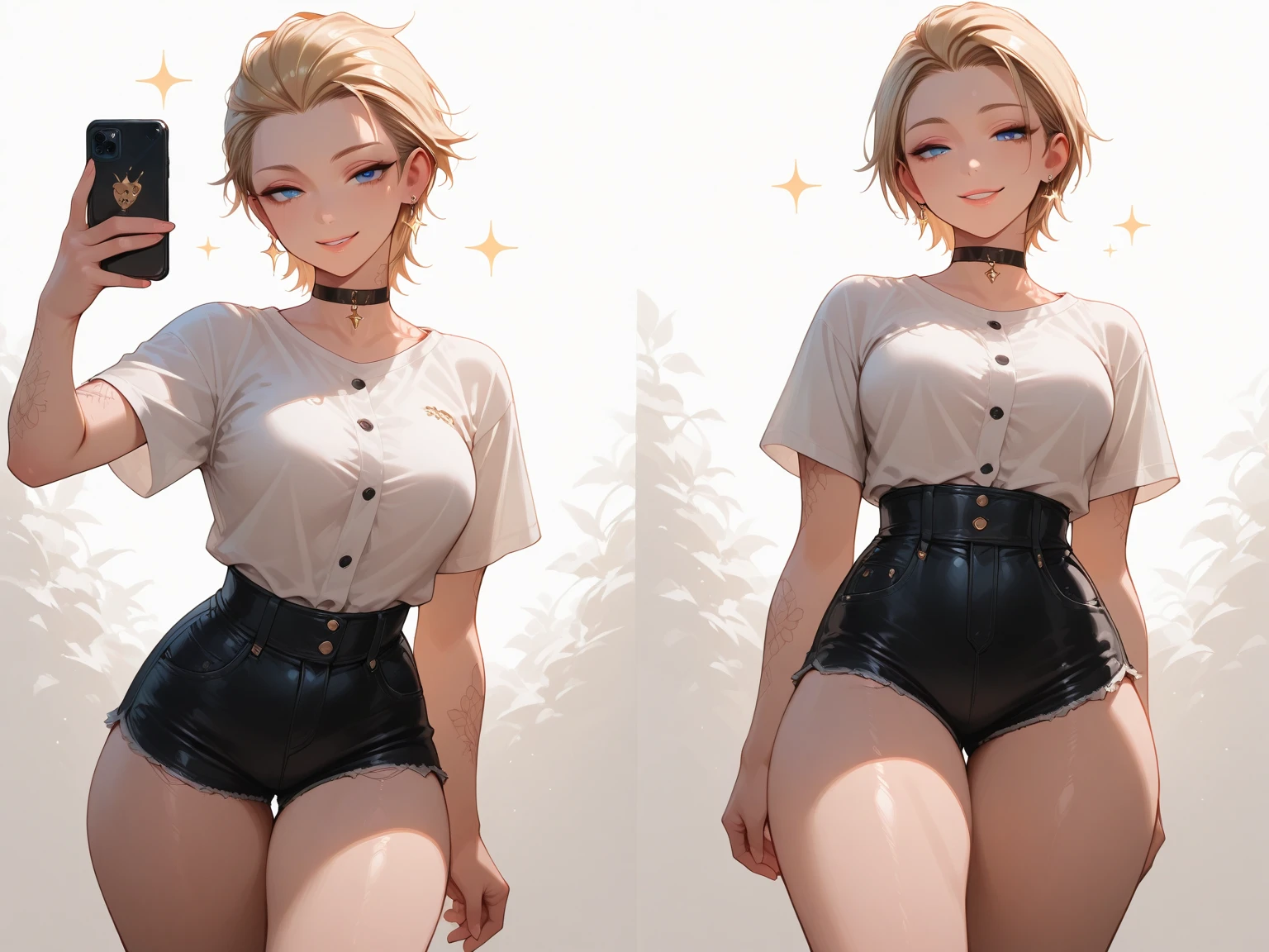 . name zoe. 20 year old teenager, beautiful angelic face. Red eyes. White skin color. height 1,70, retail physicist, large and firm breasts, Short blonde hair. Clothes, T-shirt at the height of the abdomen. tight red pants. body detail, straight and firm posture looking towards the camera