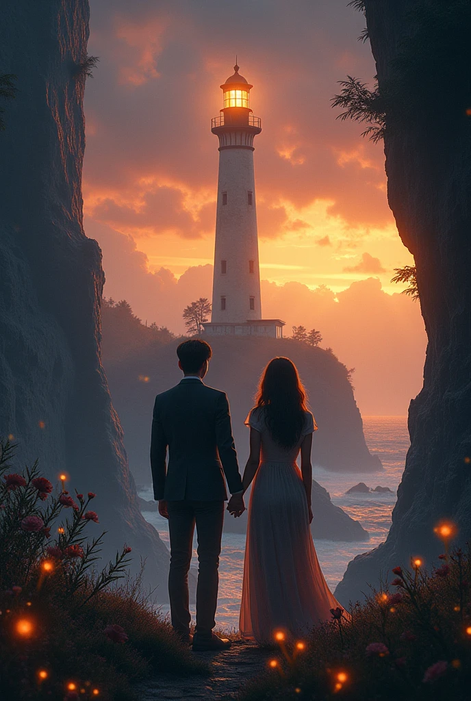 ((late afternoon)), ((sun)), ((lighthouse)) a couple watching hand in hand rather creepy black forest