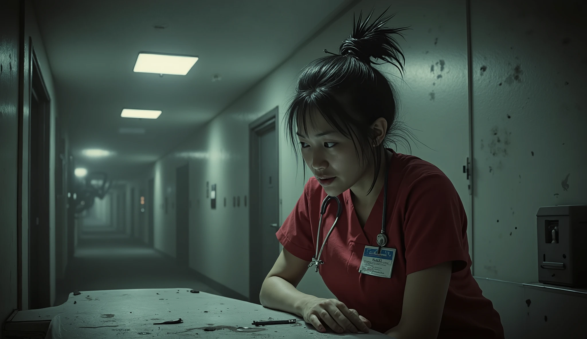 A frightened 20 year old Asian girl, beautiful face, black hair ties in a bun, wearing dark red nursing scrubs, sitting at a nursing station in a dark abandoned hospital, tentacles are coming up behind her in the background as she sits unaware, Eldritch horror, surreal, high detail, masterpiece.