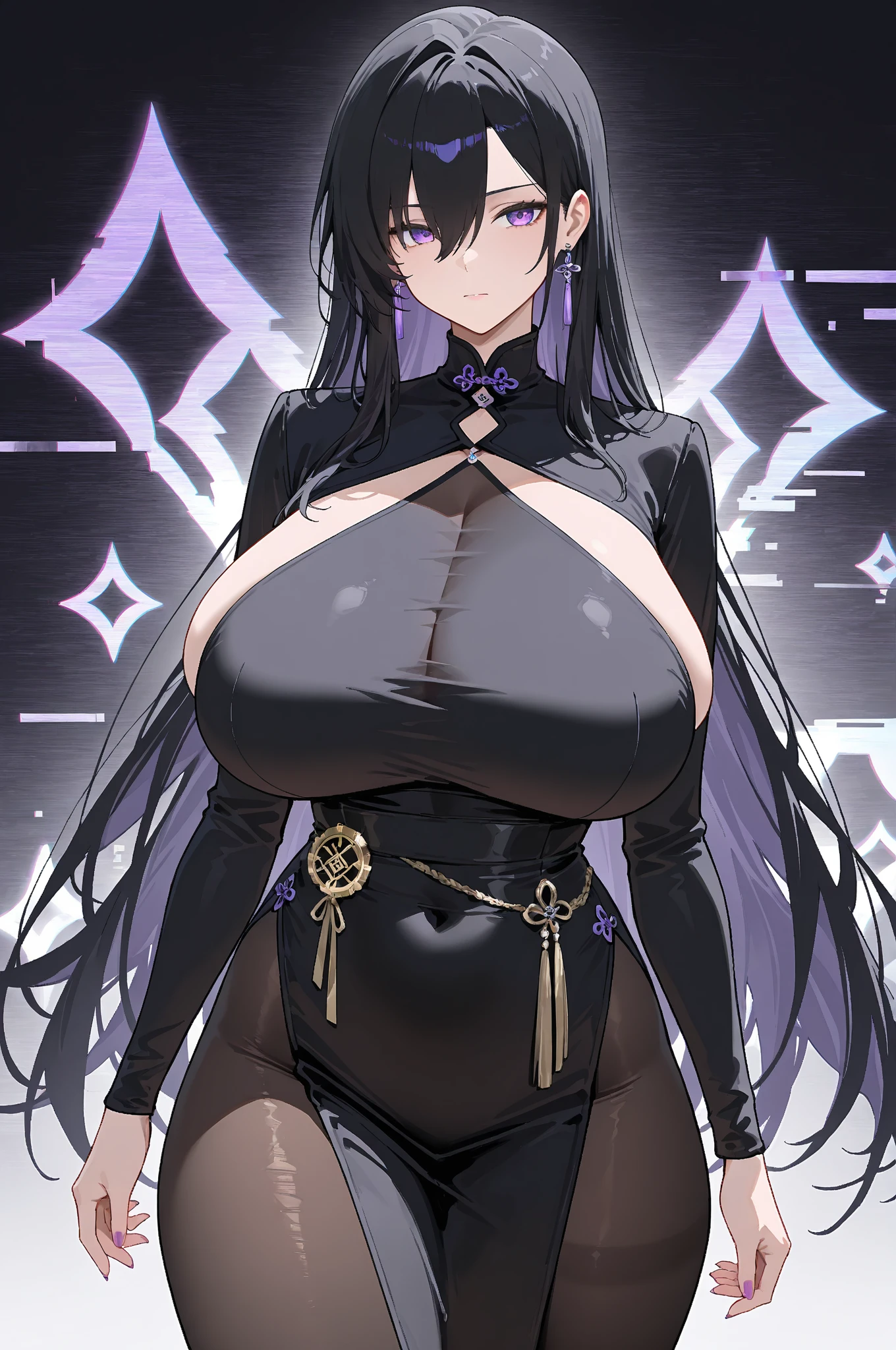 young girl, Long black hair, violet eyes, eyeglasses, Black sleeveless shirt, Huge-breasts, pants, fuel oil, An overly curious person, Masterpiece, hiquality