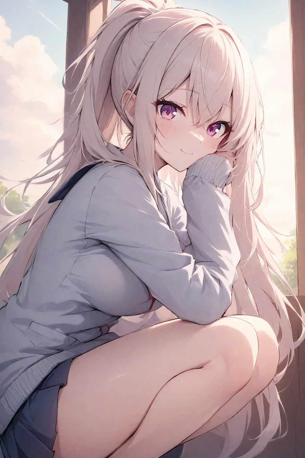 (masterpiece:1.4、top-quality、illustration:,realistic、)、(character focus、,full body:1.3)、(1girl),(clear face:1.3),(exact limbs:1.4),cute face,blue eyes、(tareme:1.3)、((sitting legs up:1.5),
(),(sitting,lean against the wall:1.4),、
(white hair),(long hair:1.5)、
,(her room:1.3),（loose Room wear:1.5),
(blunt bangs),(sidelocks:1.3), (small breasts:1.2)、
、slender、
