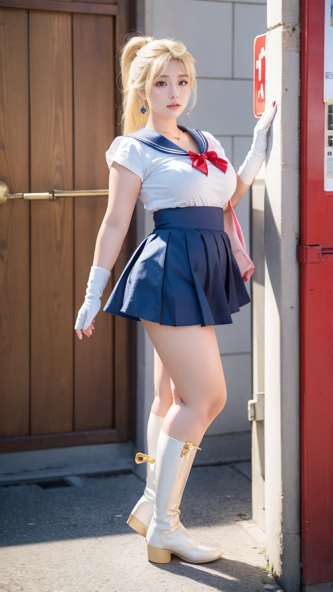 ((8K)), highest quality, 超High resolution, (High resolution), 1 girl, Overweight, ((Extremely fat)), ((Chubby)), Japanese, ((twinkle smile)), Sailor Warrior Costumes,White gloves,Red Sailor Collar,Red Skirt,Star Choker,Elbow hand pockets,Pleated skirt,barefoot,Purple ribbon,smile,,Uptrend,pants,Accentuate your breasts