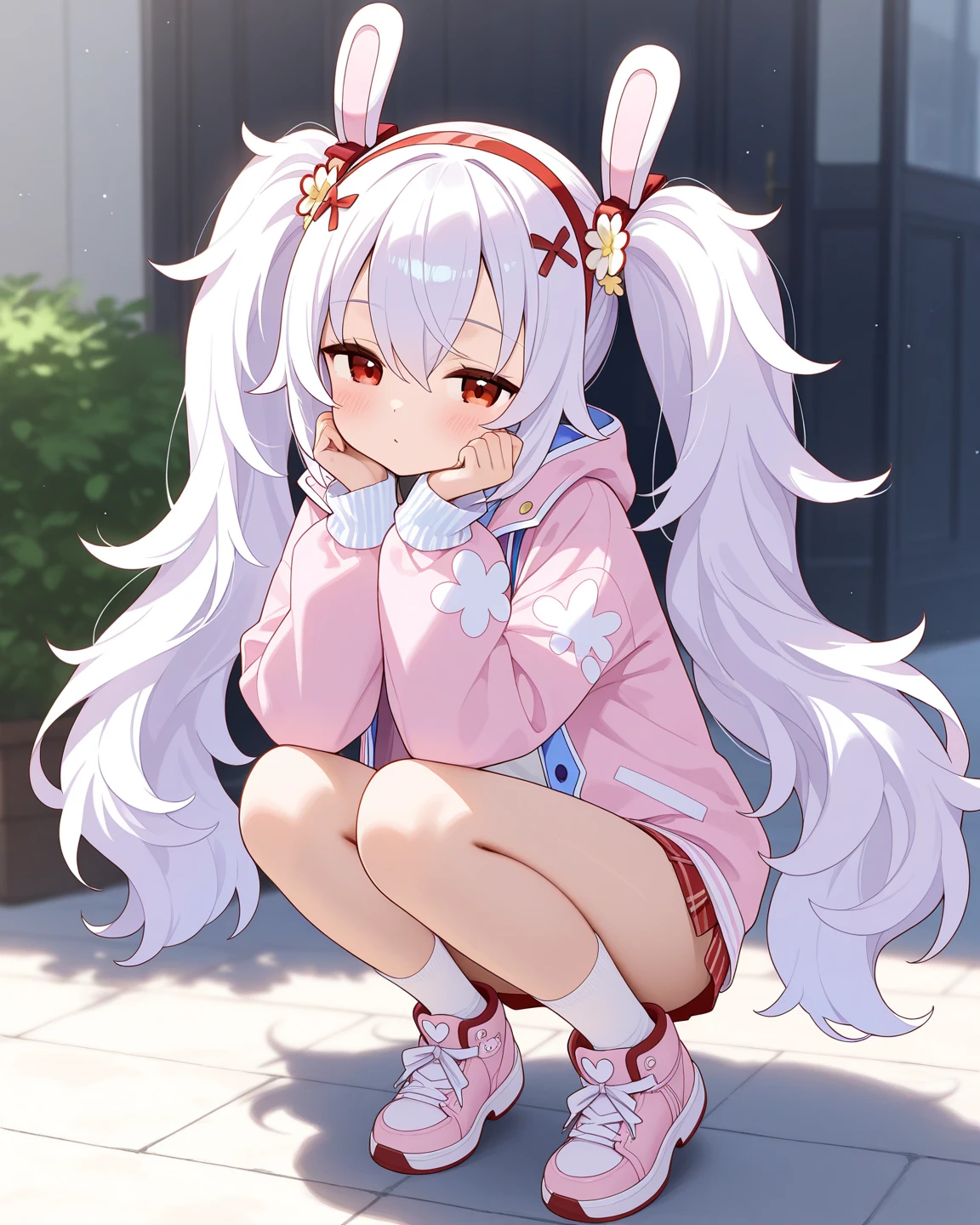 best quality, masterpiecepanties,
<lora:alice-nikke-richy-v1_pdxl:1> alicedef, twintails, very long hair, grey hair, fake animal ears, headset, pink eyes, pink bodysuit, shrug \(clothing\), multicolored gloves, latex || alicebunny, twintails, very long hair, grey hair, hat, pink eyes, hoodie, white leggings, white gloves || alicernd, twintails, very long hair, grey hair, pink eyes || sneakers, socks