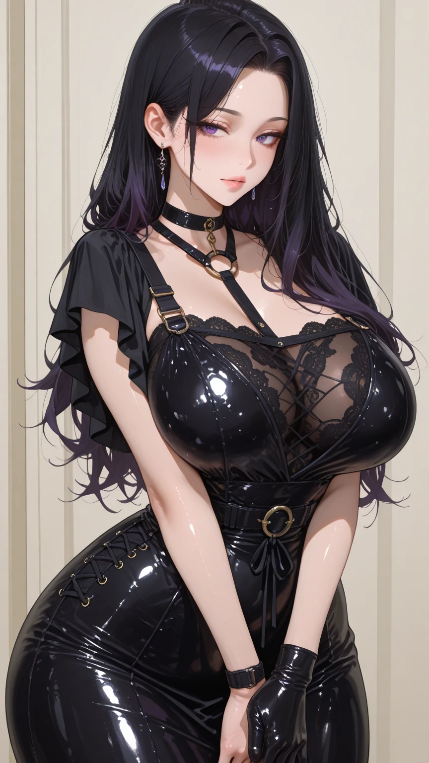 Villain, beautiful, ((femboy, seductive trap, feminine boy, otoko no ko, girly)), long black hair, muscular calves, tall, wide hips, solo, thick thighs, sweaty, 1900s, form fitting minidress, thin toned body, thick lips, lipstick, makeup, detailed face, detailed body, detailed eyes, (high detail brushwork, high quality, best quality, 16k, minimalist masterpiece)