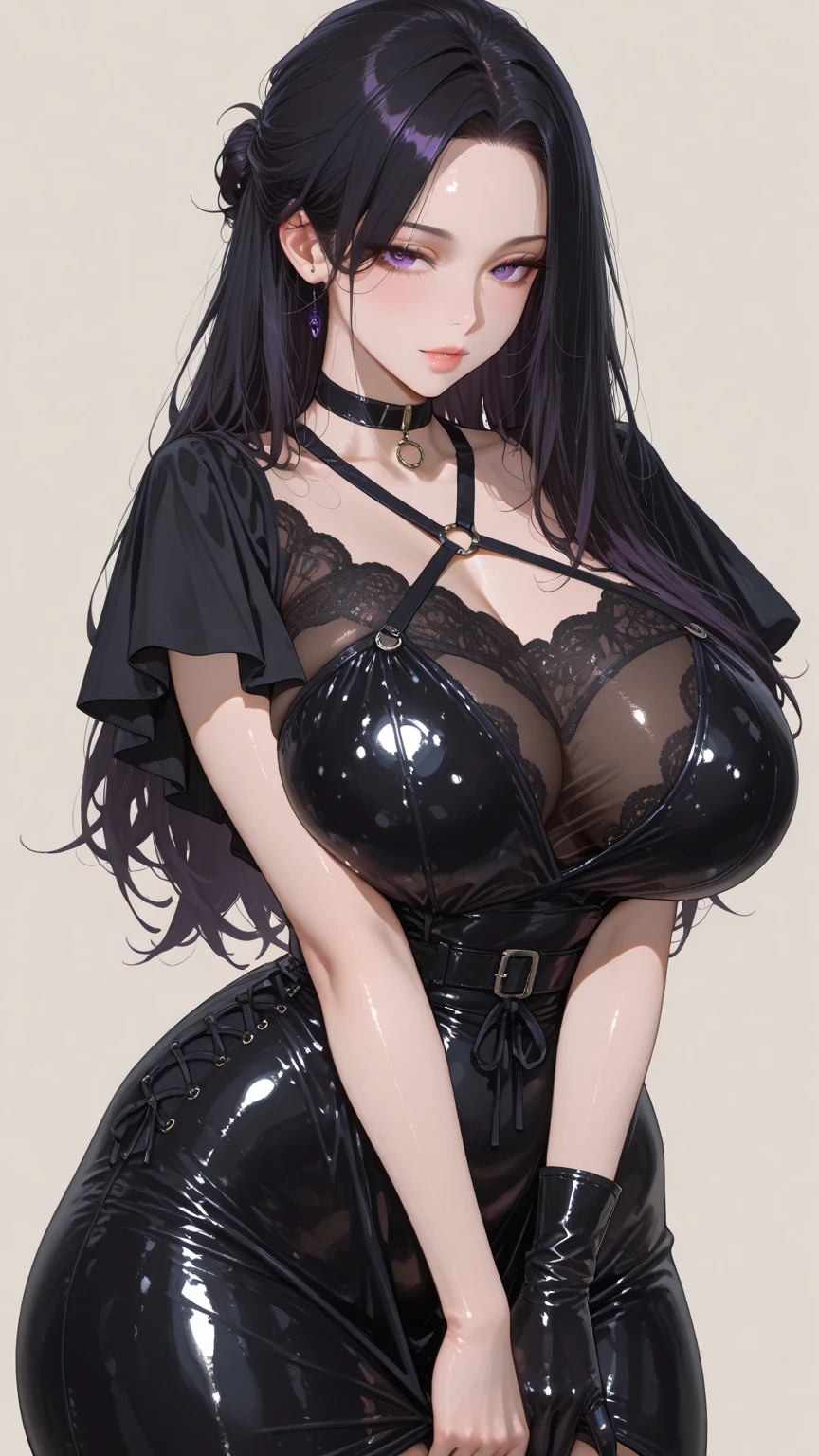 (((UHD))), (((HDR))), Indie grunge aesthetic, full cheeks, (((wearing a modest black red intricate luxurious lace open back dress))), SSBBW beefy thick swollen wrists, waist length perpetually untamed unkempt shaggy curly messy fade mullet with untamed undone shaggy curly bangs and shaggy messy unkempt sideburns. slim torso, (((side view))), dynamic leaning pose, disproportionately unrealistically elongated soft swollen plump breasts with cleavage that curves downwards towards the back, side view, Her most distinctive feature is her well-pronounced curvy hour glass figure, with ultra massive voluptuous hips and massive thick thighs. massive thick swollen arms, thick forearms, thick wrists, (((double eyelids))), (((extremely high lower eyelid exposure))), huge eye bags, brown eyes, round eyebrows, ultra wide hips. antegonial notches, dimpled cheeks, (((gigantomastia:1.44))), ((buxom:1.3))), hollow beveled black earrings. slim torso,