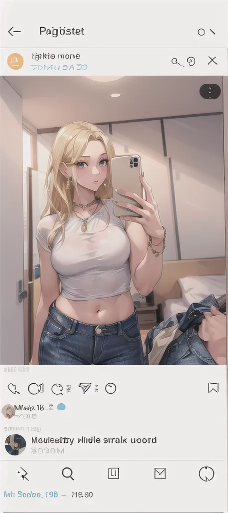 old woman, solo, breasts, blonde hair, shirt, navel, holding, jewelry, underwear, nipples, standing, panties, white shirt, small breasts, barefoot, choker, indoors, clothes lift, lips, no bra, shirt lift, phone, cellphone, t-shirt, smartphone, holding phone, mirror, tiles, selfie, tile floor