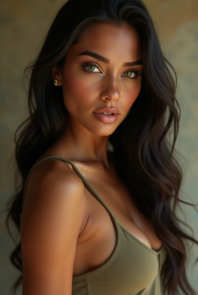 Full body pretty mixed race black and Asian girl with brown skin, green Asian monolid eyes, long curly black hair, a soft round face, full glossy lips, wearing black lingerie, lying on a bed