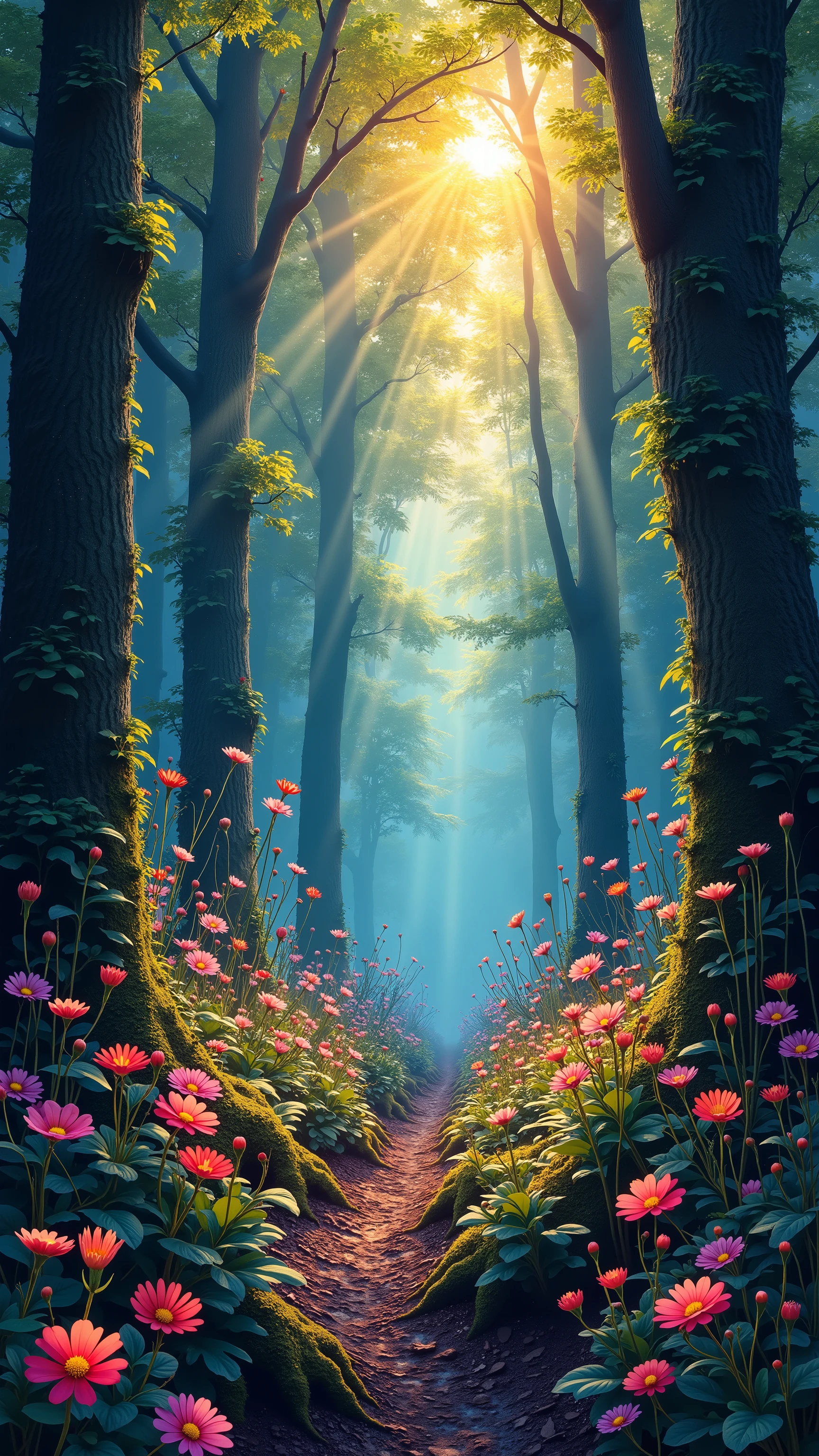  highdefinition images 、Forest Seen from Milan、 Deep Forest Paintings 、 Flowers and trees々Forest of 、 Magical Beings Hidden in Branches and Mysterious Colourful Forest 、 8k 、 (  High Quality Seven Colored Flowers  ) Forest Full of Fantasy Worlds 、 Milan's Soft Sunrise。
