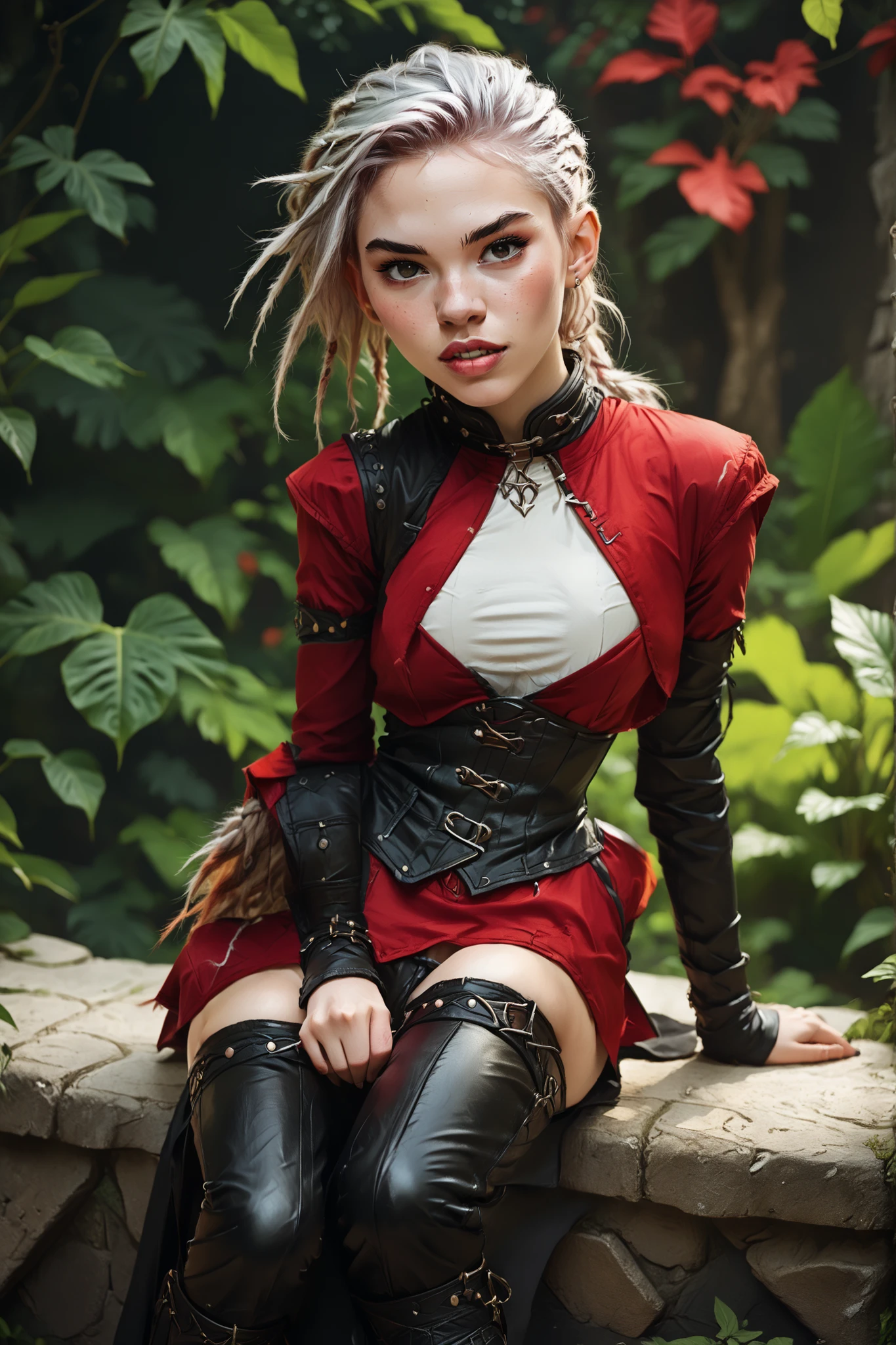 Slender body. White skin. Cute 18-year-old girl with big Asian red eyes and unnaturally sharp teeth and dreadlocks with white highlights. Sharp and pointy teeth. She has a cute and beautiful face. She has a round and young face with a pointy chin. Her body is athletic with abs. She wears an shiny intricate black leather/latex dress and corset. Background: medieval jungle ruins. Realistic lighting. DnD art-style. fake box art, semi-realistic, Looking at the viewer. 