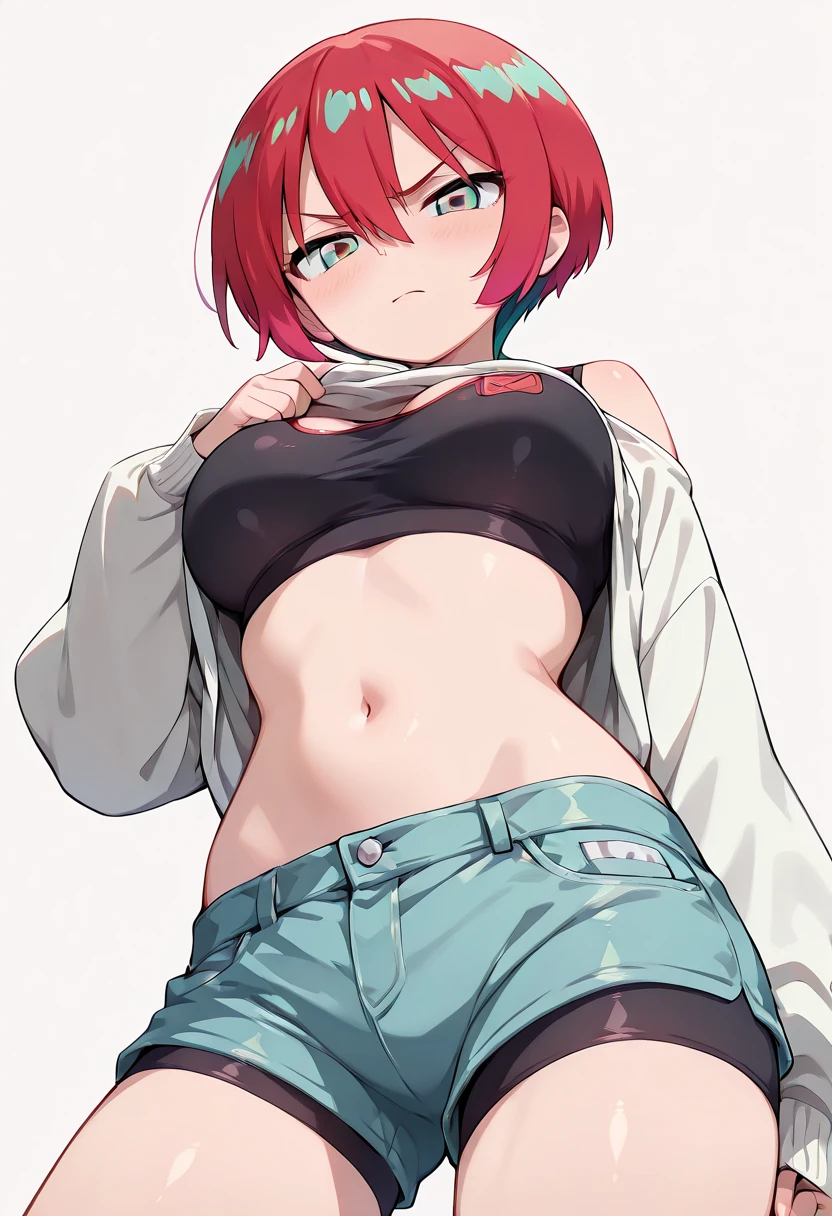 2d, masterpiece, ((sitting on floor)), living room, floor, best quality, ((full body)), full pose, anime, highly detailed, cowboy shot, 1girl, solo, sayori, blue eyes, pink hair, hair bow, short hair, ((red hair bow)), medium breasts, ((black tshirt)) ((underboob)) ((black panties)) thights, ((black converse shoes)), slim body, slim legs, ((smile smug face)), ((spread legs)) blushing, red face, ((black fishnet stockings)),((point of view down)),((point of view from floor))