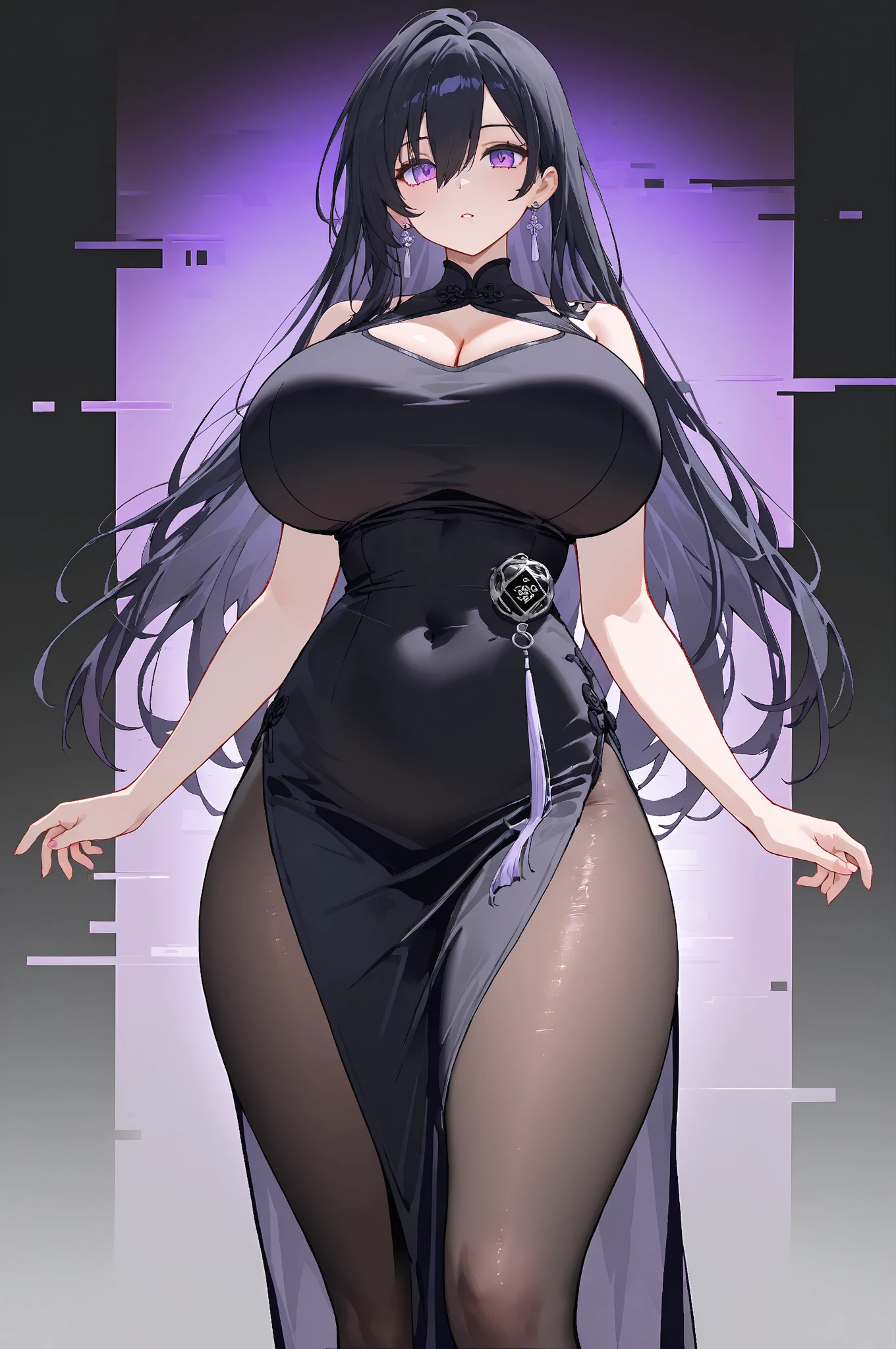 Anime-style woman in a black dress posing in front of a wall, Anime girl in a black dress, , thick, Beautiful and attractive anime woman, [ 4k digital art ]!!, Boob proportions, Enchanting anime girl, She has a plump, round belly, Tear from Overlord, Curvaceous. Detailed Expression
