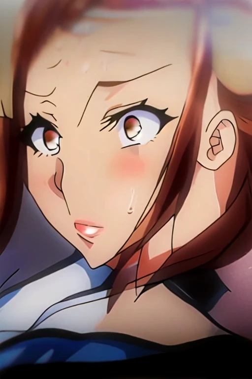 1 anime girl, inoue orihime, anatomically correct, porn , long hair, orange hair, beautiful brown eyes, tears in her eyes, (huge boobs), topless, giving a deepthroat blowjob to the viewer, deepthroat blowjob , oral sex, blowjob pov, higher angle, front view, visible girl's ass, perfect ass, black thong, viewer sitting in a park bench pov, park background , 8k, best quality, blowjob pov, higher angle