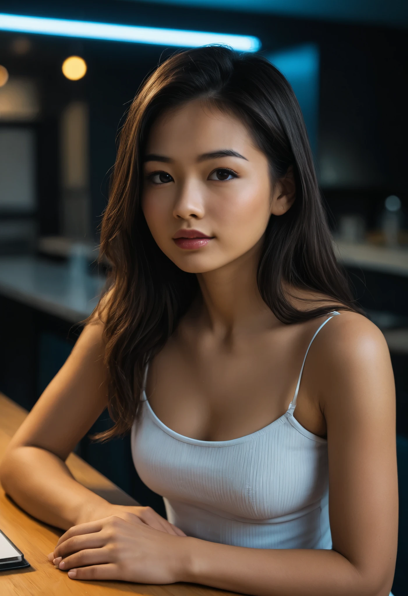 (masterpiece:1.4), (photorealistic:1.3), (ultra detailed:1.2), score_9, score_8_up, score_7_up, 1 asian girl, white skin tone, 18 year old, (seductive pose:1.3), (perfect feminine features:1.2), detailed features: bright captivating eyes, glossy lips with subtle pout, naturally flushed cheeks, defined collar bones, perky natural breasts, toned midriff, exposed navel, soft skin texture, (perfect hourglass figure:1.3), outfit details: (tight white spaghetti strap top:1.2), thin straps, form-fitting fabric, (black and red plaid miniskirt:1.3), high waisted design, pleated style, school-girl inspired, environment: (moody bar interior:1.3), polished wooden table, leaning forward on elbows, (dramatic neon lighting:1.2), purple and blue neon signs, volumetric lighting effects, ambient bar atmosphere, dutch angle composition, bokeh effects, cinematic color grading, vivid colors, glowing accents, 8k resolution