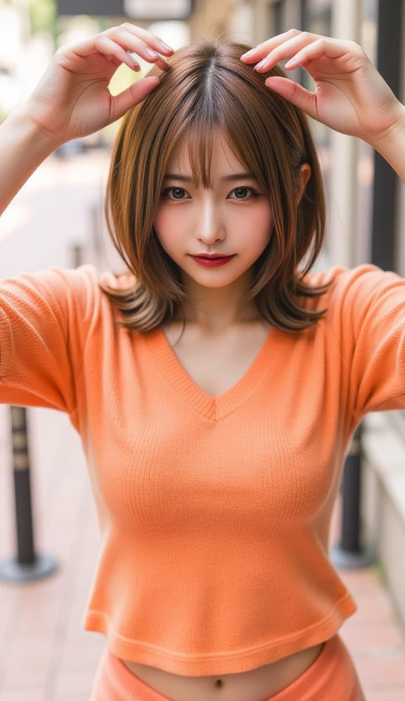 Autumn attire、Orange knitted sweater