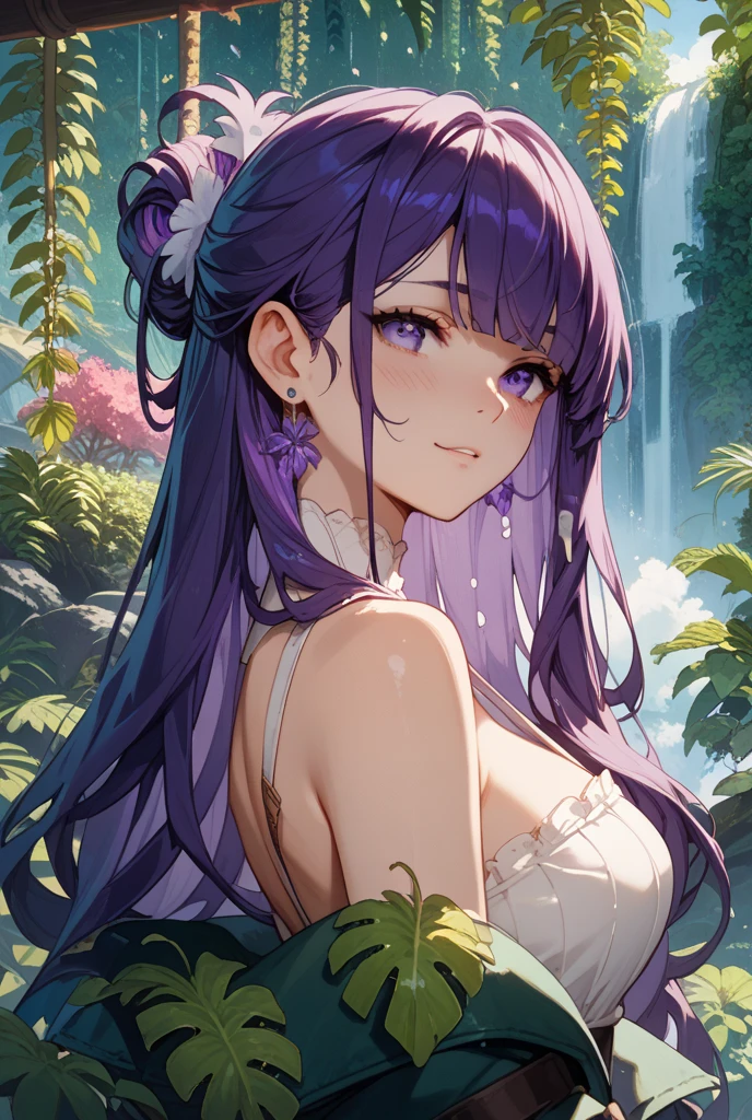 (overhead view), mature woman, 1girl, (masterpiece, best quality, ultra-detailed), sharp focus, detailed face, face focus, extremely detailed eyes, long hair, crown braid, hair over shoulder, (silvery-purple hair:1.3), purple eyes, (glitter eyes:1.2), long eyelashes, (heavy blush, drunk:1.2), delicate makeup, big breasts, ((pink and white intricate dress, bare shoulders, cleavage)), ((twilight, holding diamond shard, exploring, bamboo shoots background, grass, green particles surrounds, tranquil pond, cherry blossom backdrop, breeze)), cinematic lighting, rim lightning, ray tracing, shadowing, dynamic angle