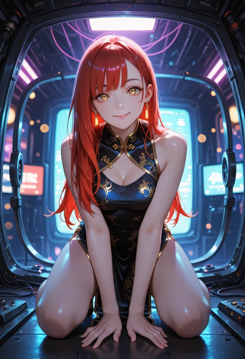 NSFW, (masterpiece: 1.2), (best quality: 1.2), newest and most intricate details , 1 girl, facer, solo, revealing cleavage, bare breasts, perfect anatomy, ((small body)), small face, beautiful legs , detailed face, ((flat chest)), red hair, very long hair fluttering, mischievous face, photo-realistic theme, beautiful ((android girl)), (mechanical body), vibrant colors ((detailed mechanical parts visible)), relief decoration on the body, shiny gold on black, white (floral design embellishments on mechanical parts), lace dress and black latex mini leotard (tutu: 1.2), playing with teddy bears, ((intricate arcade machines)), arcade, arcade machines , joystick, arcade monitors, newest, AI generated