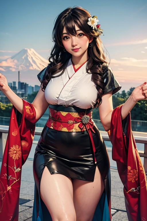(((big breasts))), cute girls, elf, 1girl, solo, long hair, looking at viewer, skirt, (big breasts and exposed breasts), black hair, hair ornament, gloves, cleavage, brown eyes, detached sleeves, japanese clothes, super short pants, wide sleeves, blunt bangs, fingerless gloves, standing and 2 hands drop down, lotus, lotus leaf, cherry blossom, japanese temple, a slim navel, full body,(masterpiece,best quality:1.5)