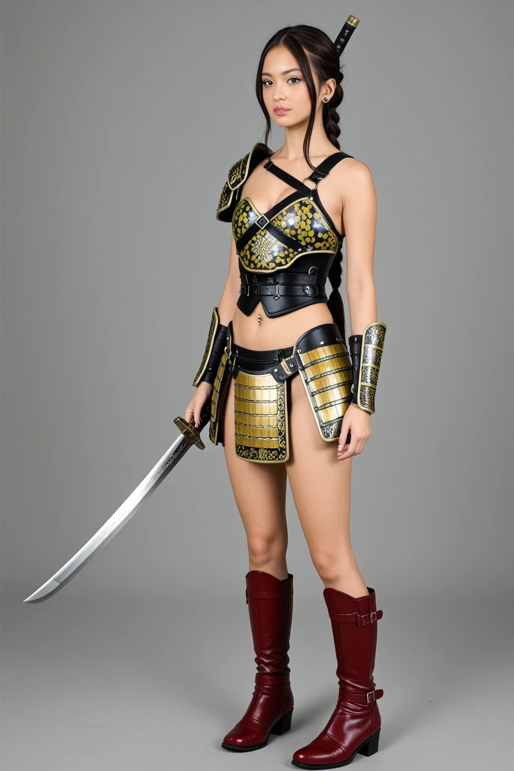 (8k high quality masterpiece, sexy female G cup 1 person: 1.3, black perspective: 1.1, super detailed face, double eyelids, transparent underwear, stroking chest, open legs), wearing helmet, cosplay, high leg, samurai, armor, armor, sword, Japan helmet,