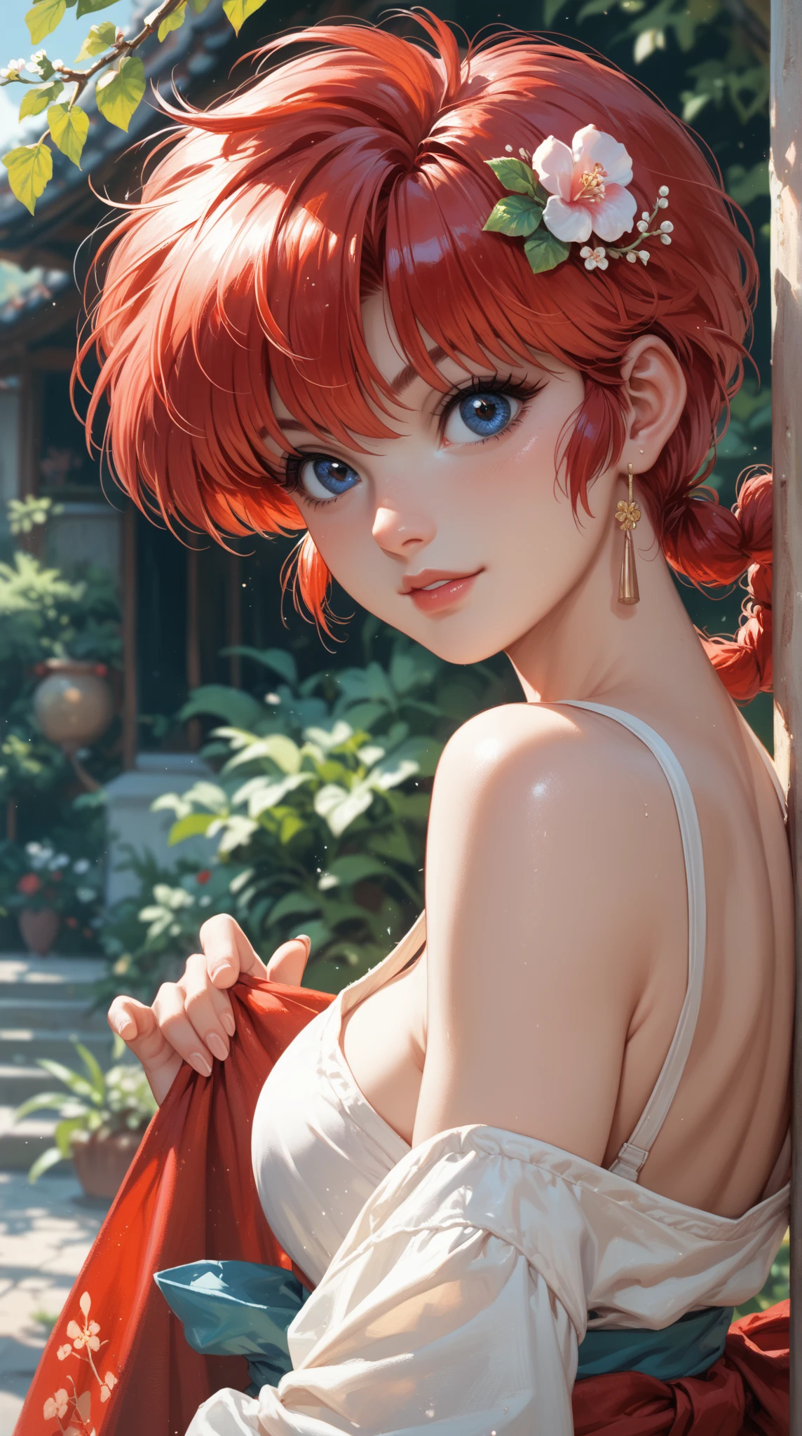 best quality:1.2,ultra-detailed,realistic:1.37,nami,orange-haired girl,sexy red long gown,beautiful face with detailed eyes and lips,big breasts,full body pose, lying on her side,long legs,medium:oil painting,illustration,background:garden,lush greenery,colorful flowers,soft sunlight,hint of a gentle breeze,color palette:warm tones,lighting:soft and warm,dreamy atmosphere