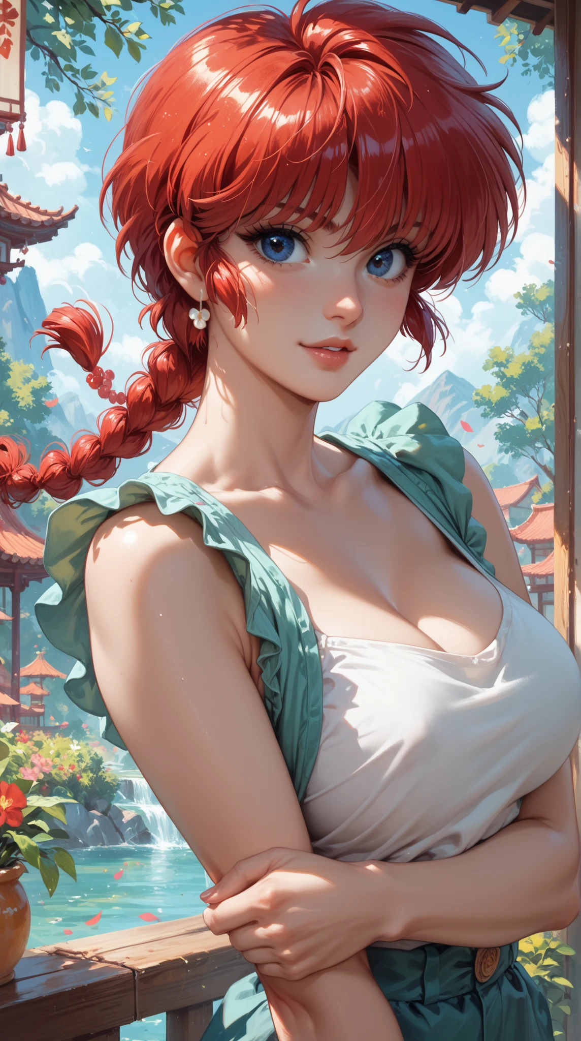 Sexy anime girl with red hair with braid, vagina sexy, wet breasts dripping, 15year old, Body cute, breasts big, with hands on breasts, legs open showing squirting vagina, sexy girl, red red hair, locks of hair on the side of the face, beautiful lighting, softshadows, blue colored eyes, pretty legs, shorth hair, anime styling, ranma chan, Autora Rumiko Takahashi, Based on a work by Rumiko Takahashi, Anime Ranma 1/ 2, girl sexy, robust hip, fully body, Bust Big, young girl with beautiful and beautiful body, garota 15year old jovem baixa estatura, anime girl, anime styling, plein-air, sexyposture, eyes large, dripping vagina, vagina being penetrated, bright red hair